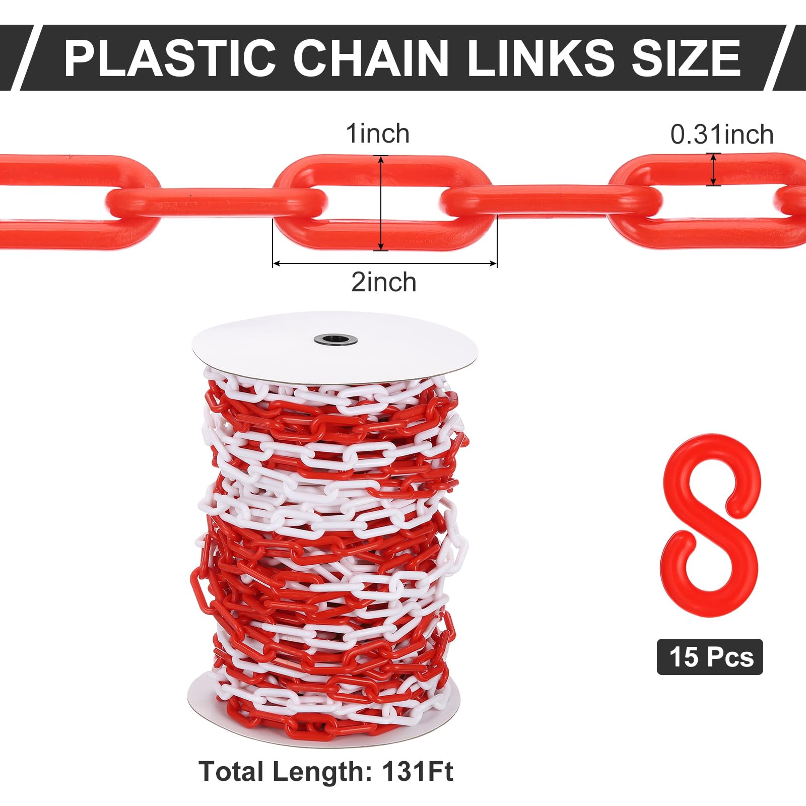 PATIKIL Cadena de plástico rojo/blanco, 131pcs 8mm Cadena de barrera de seguridad de plástico grande Larga cadena de plástico para control de multitudes, valla