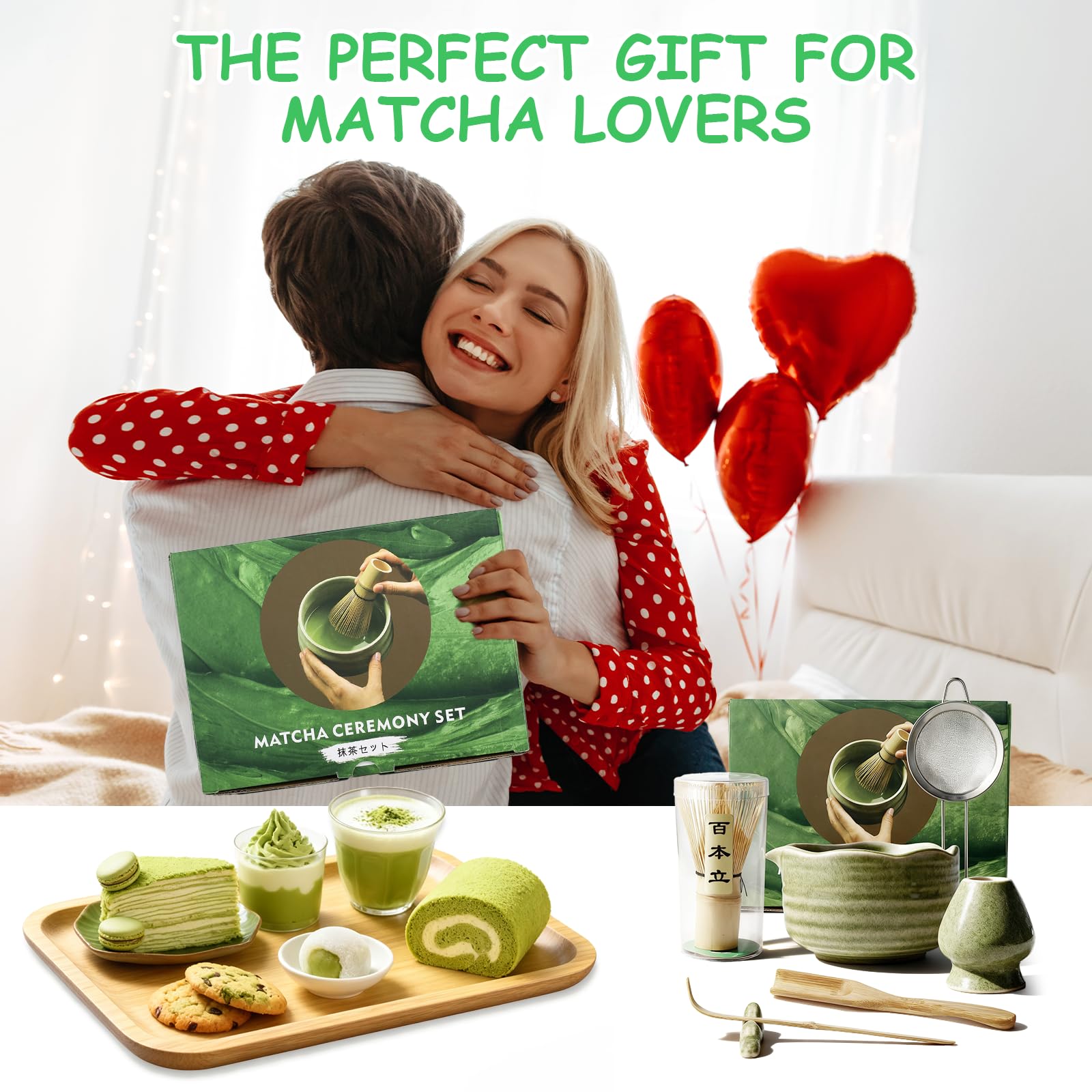 Matcha set – Matcha Kit de 6 piezas, incluye batidor de matcha, colador de acero inoxidable, cuenco para matcha, 2 cucharas de matcha y soporte de cerámica. Ideal para los amantes del matcha