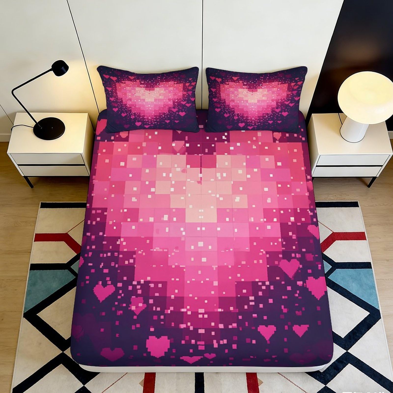 3D Printed Pink Pixel Heart Fitted Sheet Microfiber Soft Breathable Romantic Love Bed Cover for Bedroom Dormitory Guest Room Mattress Protection 200x200x25cm