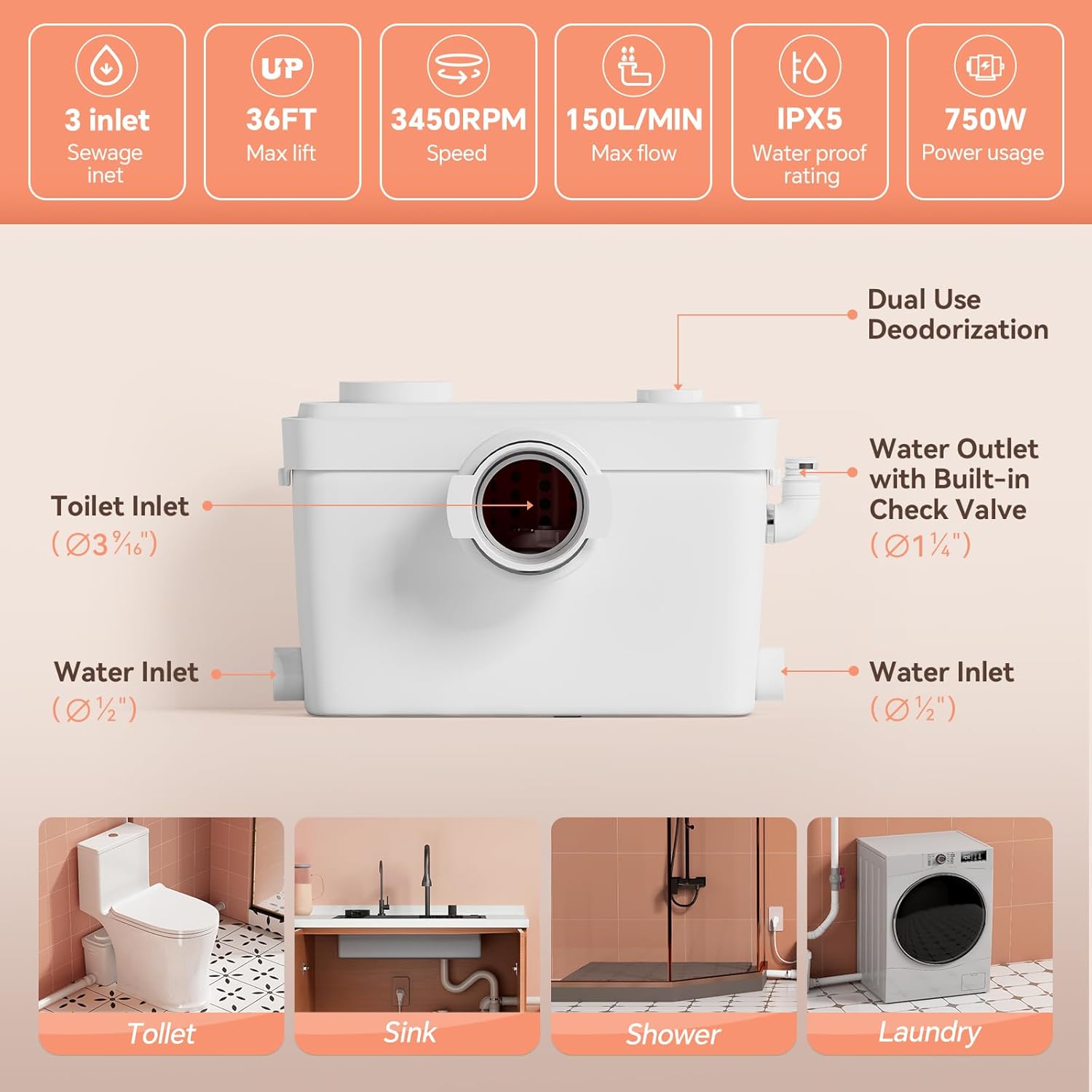 750W Macerating Toilet System, Upflush Toilet with Macerator Pump For Basement,Copper Motor Pump, Non-clog Stainless Grinder Housing, Quiet Operation, One Piece Full Skirt Toilet
