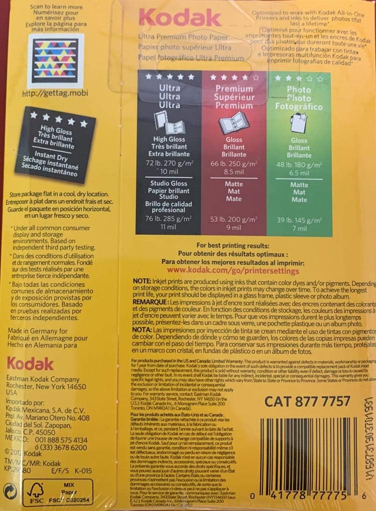 KODAK Ultra Premium Photo Paper Gloss 4"x6", 20 count, 74lb-280g/m2 weight, 10 mil thickness (41150 - 8777757)