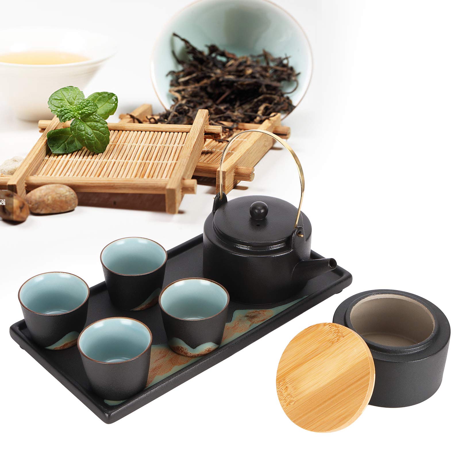 Japoński Zestaw do Herbaty Kung Fu, Tacka na Filiżanki z czarną ceramiką, Piękny Ceramiczny Zestaw do Ceremonii Parzenia Herbaty, Idealny, z Regularnymi Ustami Filiżanki,