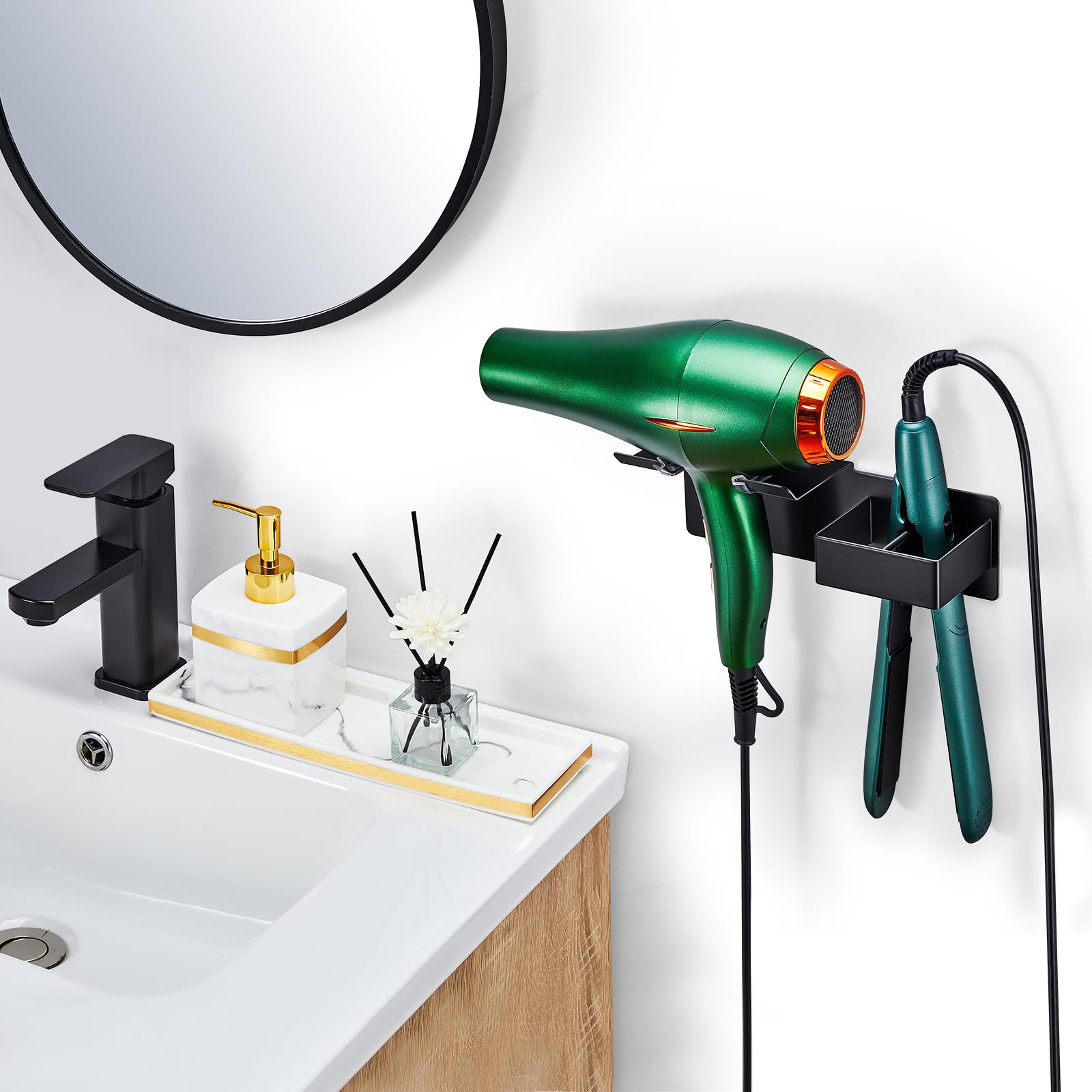 Supporto da parete per asciugacapelli, organizer adesivo per asciugacapelli e piastra per capelli, in acciaio inox, porta asciugacapelli da bagno (nero)