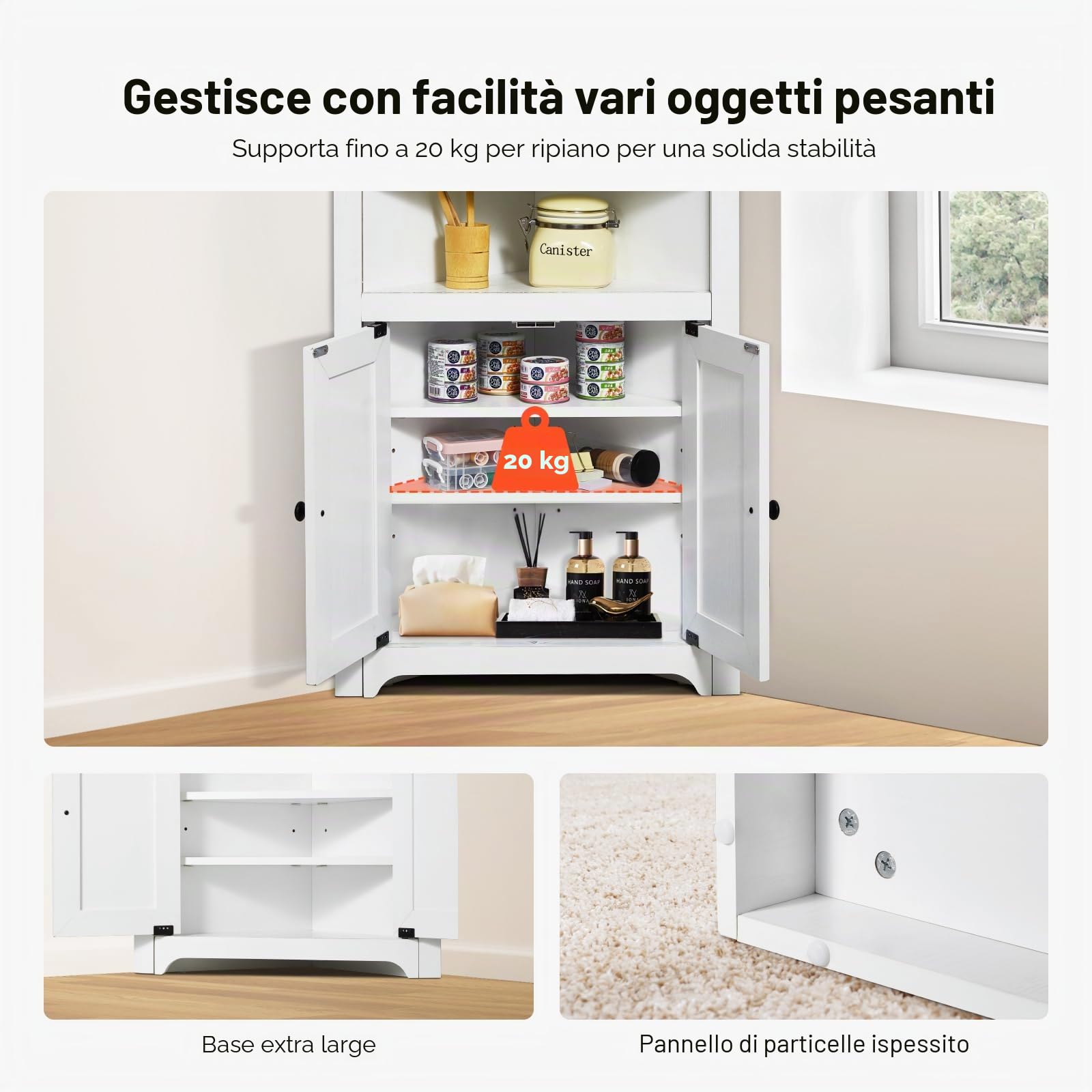 VEVOR Mobiletto Angolare Portaoggetti Altezza 84,5cm Mobiletto da Casa in Legno con 2 Porte Ripiani Regolabili, Mobiletto Angolare Indipendente per Soggiorno, Cucina, Lavanderia, Bagno, bianco