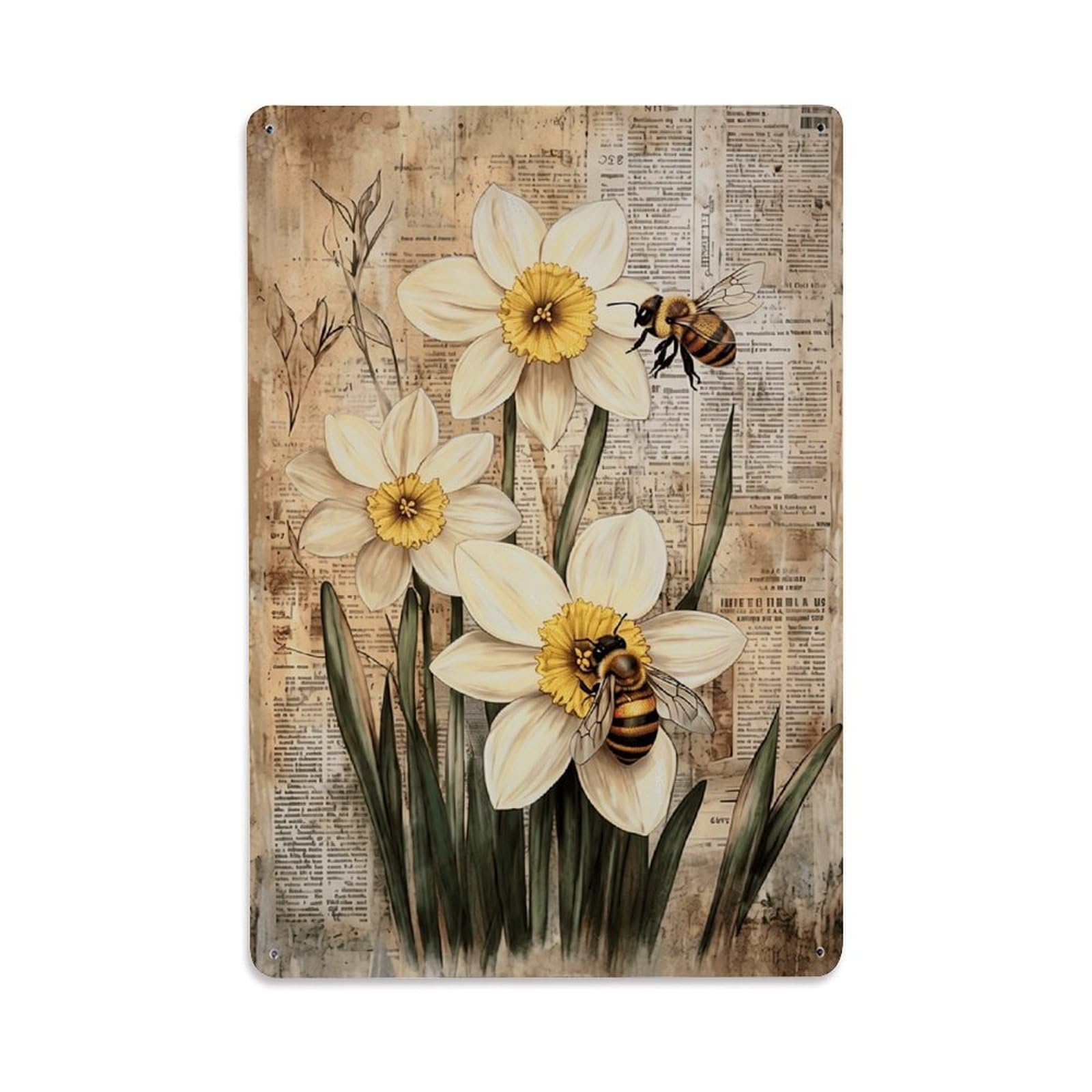 Jdfenggu Vintage Floral Bee Botanical Print Retro Metal Tin Sign, Metal Poster For Bar, Home, Man Cave, Kitchen, Laundry Room Art Decor 8X12 Inch