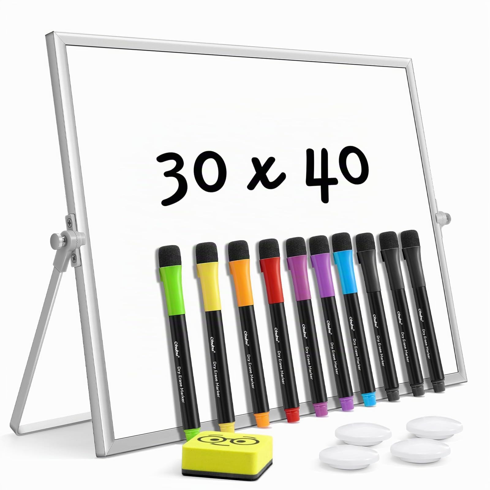 Ohuhu Mini Pizarra Blanca A3, Pizarra Blanca Pequeña de Borrado en Seco con 10 Rotuladores, 4 Imanes y 1 Borrador, 40 x 30 cm Pizarra Blanca Magnética de Escritorio de Doble Cara con Soporte, para