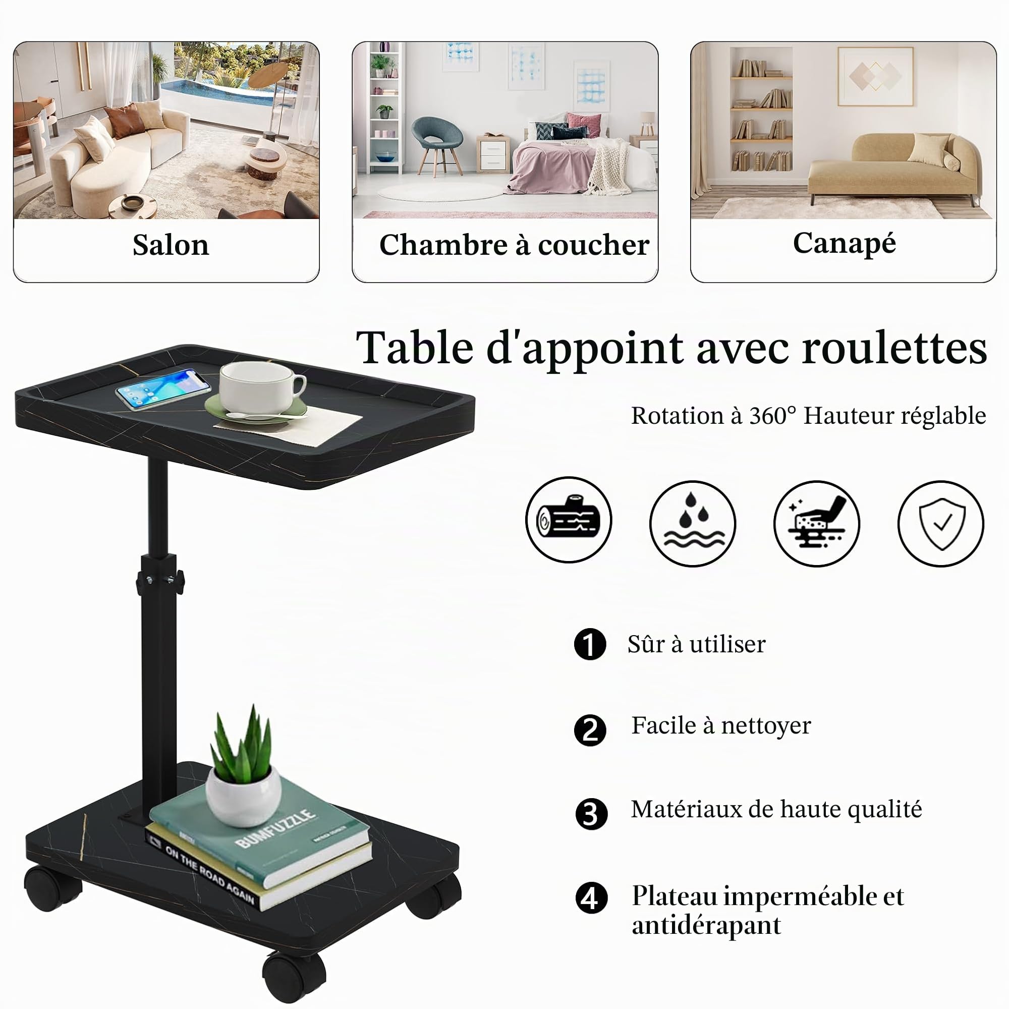 Table D'appoint - Table Dappoint avec Roulettes - Bout de Canape Hauteur Réglable (45-80 cm) et Rotative à 360° - Bout de Canape Bois Facile à Monter - Petite Table Basse pour Salon Balcon Chambre