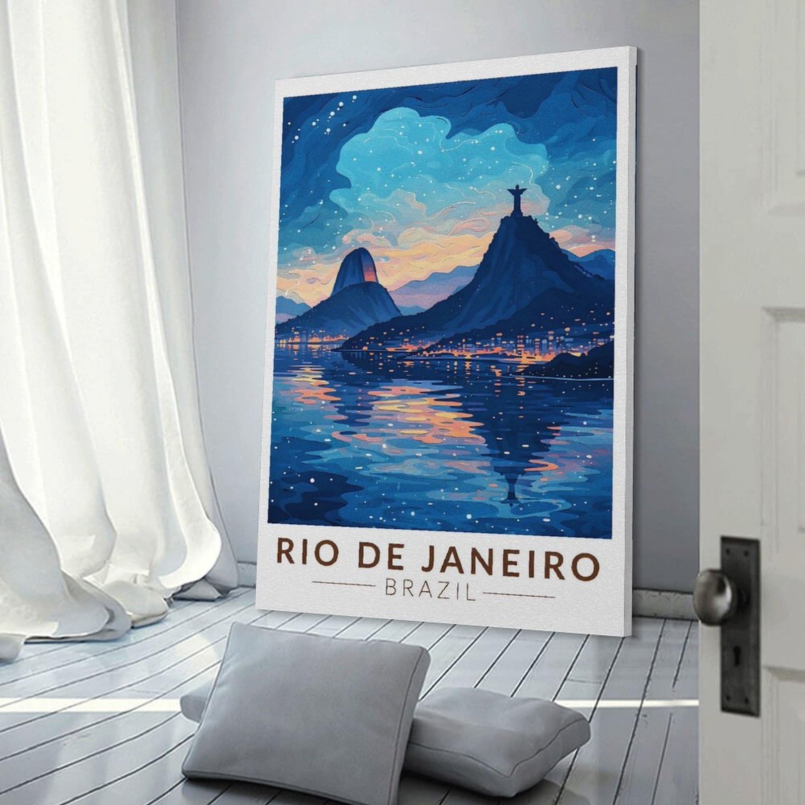 Junmoney Frame-Style-2 Decorative Wall Artwork Rio De Janeiro Cityscape At Night, 20X30inch(50X75cm), For Contemporary Homes, Apartments Or Offices, An Easy Choice For New Home Styling