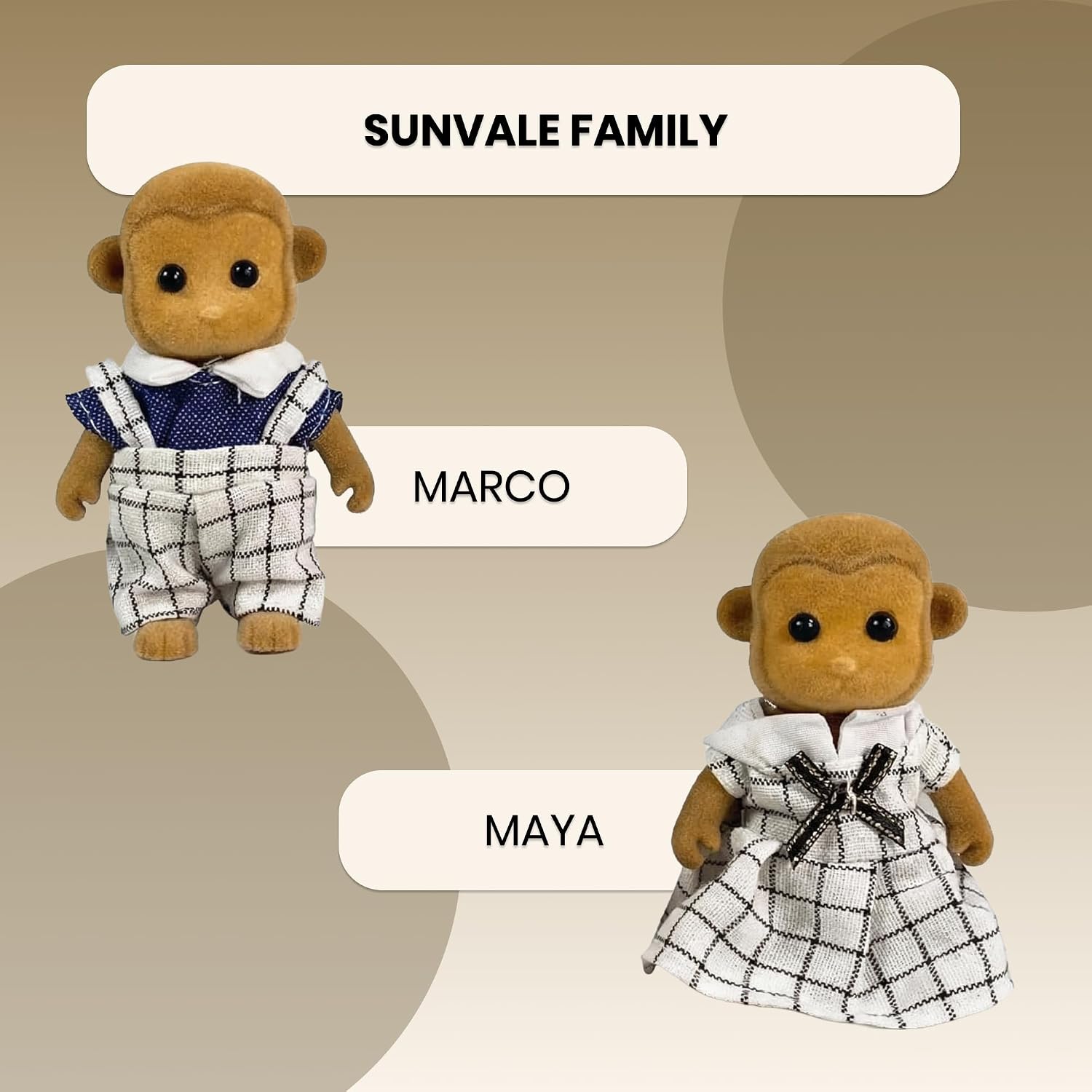 Family Brown Monkey Figures — Set of 2 Collectible Flocked Mini Dolls with Removable Clothes, Dollhouse Pretend Play Set for Kids Ages 3+ image 4