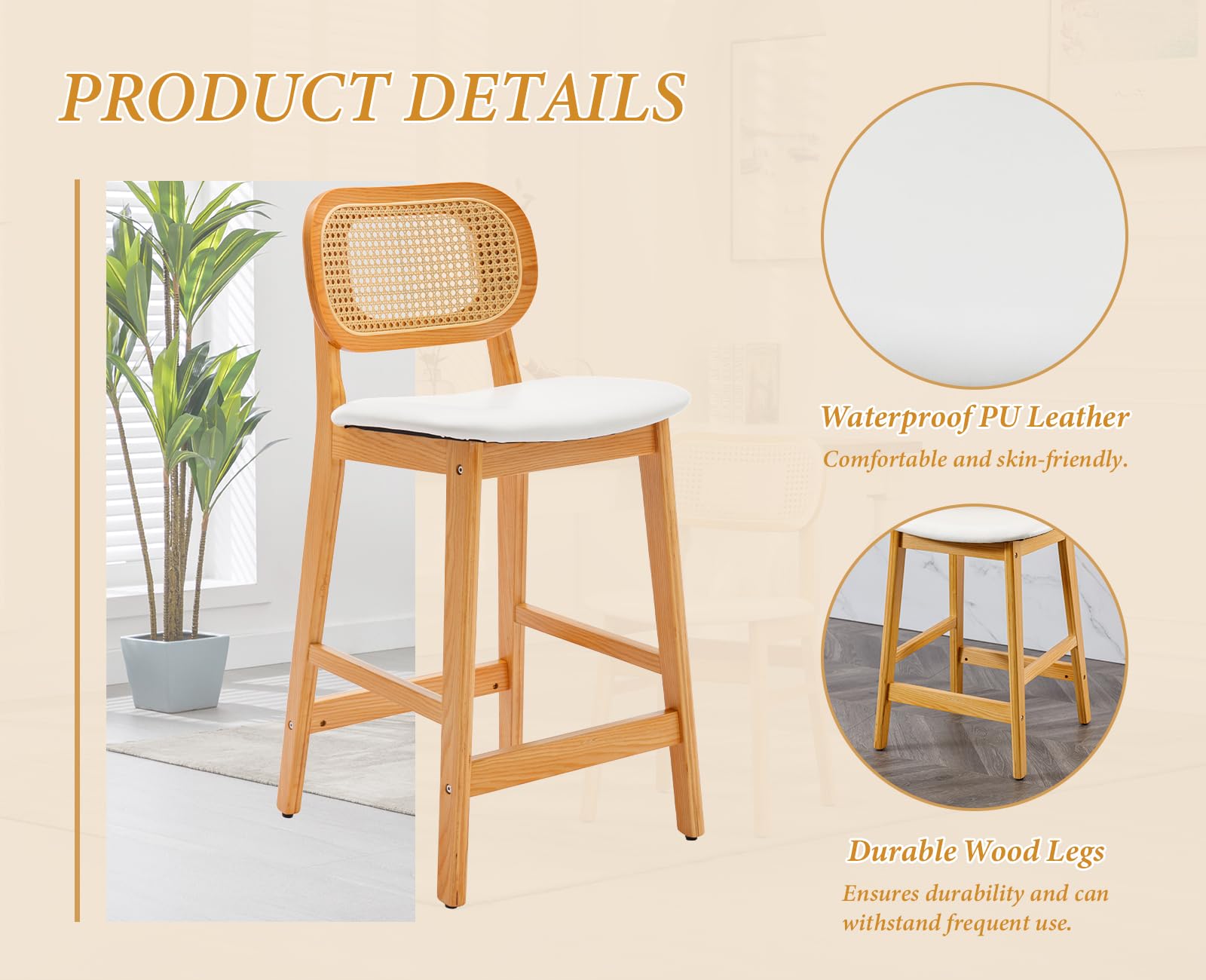 Ya-Home Juego de 2 Taburetes Altos de Cocina Patas de Madera,Blanco | Silla Alta de PU Cuero, Patas de Madera, Respaldo de Ratán, Cojin Comodo, para Isla Cocina/Bar/Bistró,MAX 113KG