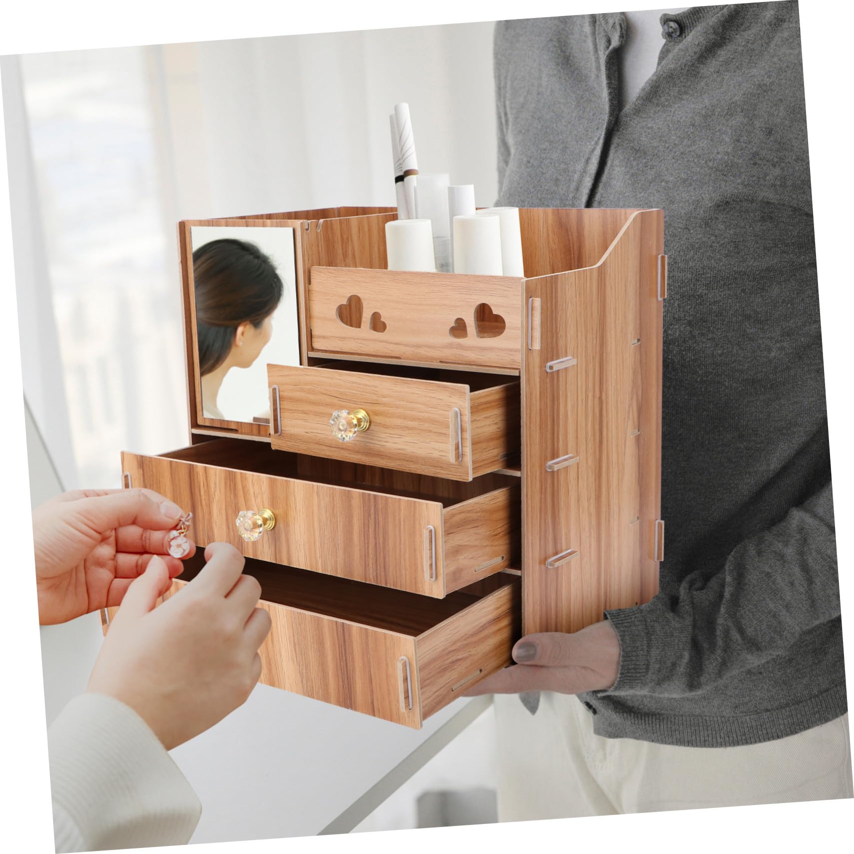 Boîte de Rangement Cosmétique en Bois Miroir et Tiroirs