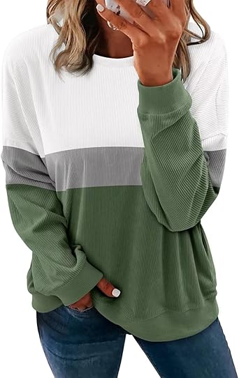 KISSMODA Womens Casual Long Sleeve Sweatshirts Color Block/Solid Tops Corduroy Crewneck Tunic Pullover with Pockets