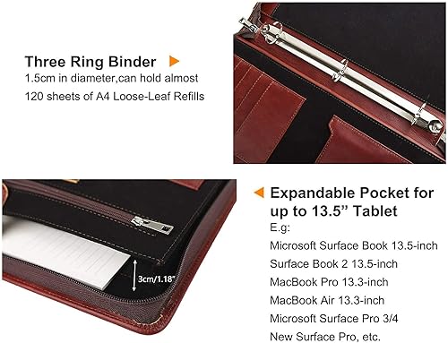 Miniatura 4 de AZXCG Carpeta de cuero, carpeta de 3 anillos de 1 pulgada, padfolio profesional con cremallera para tableta de 13.5 pulgadas, carpeta organizadora
