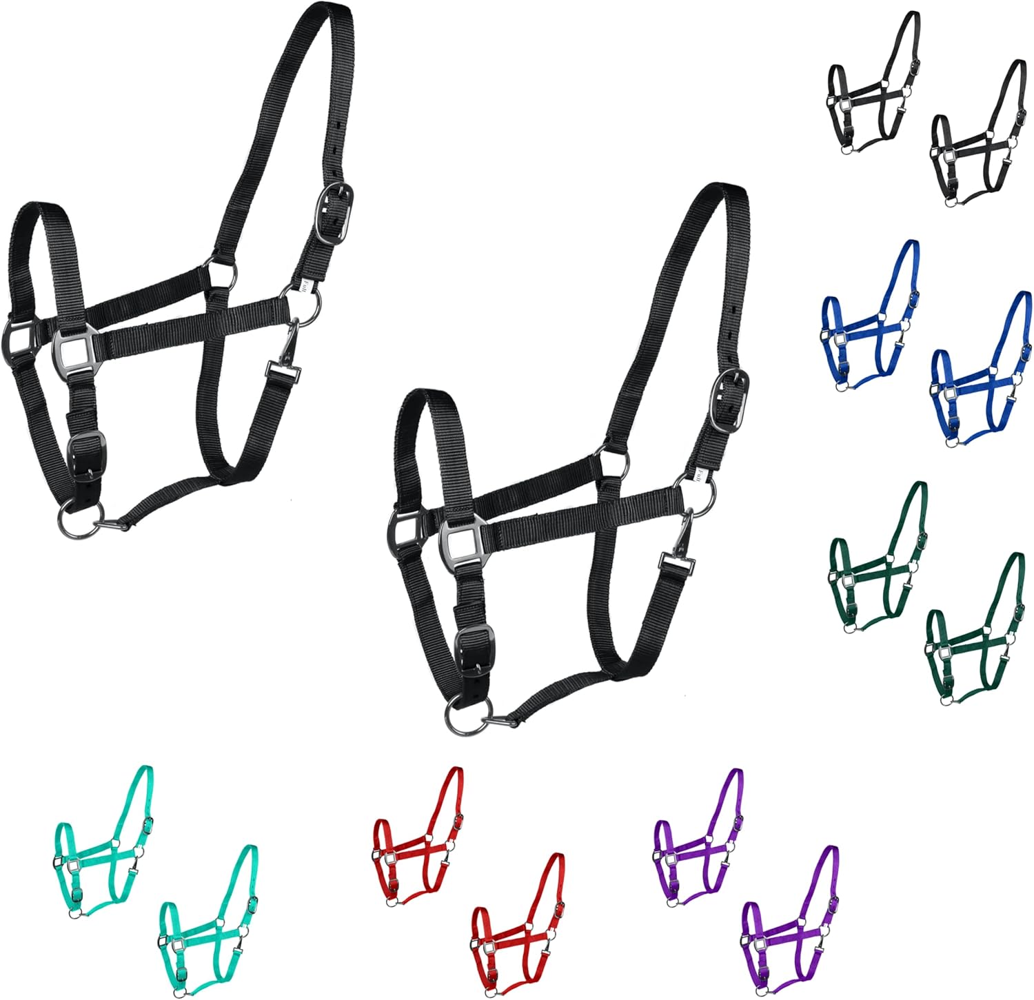 Majestic Ally Pack of 2 Adjustable Halter for Horses–Adjustable Chin and Crown– Sewn-in Throat Snap Hook- Heavy Duty Rose Gold or Black Nickel Finish Hardware–Full