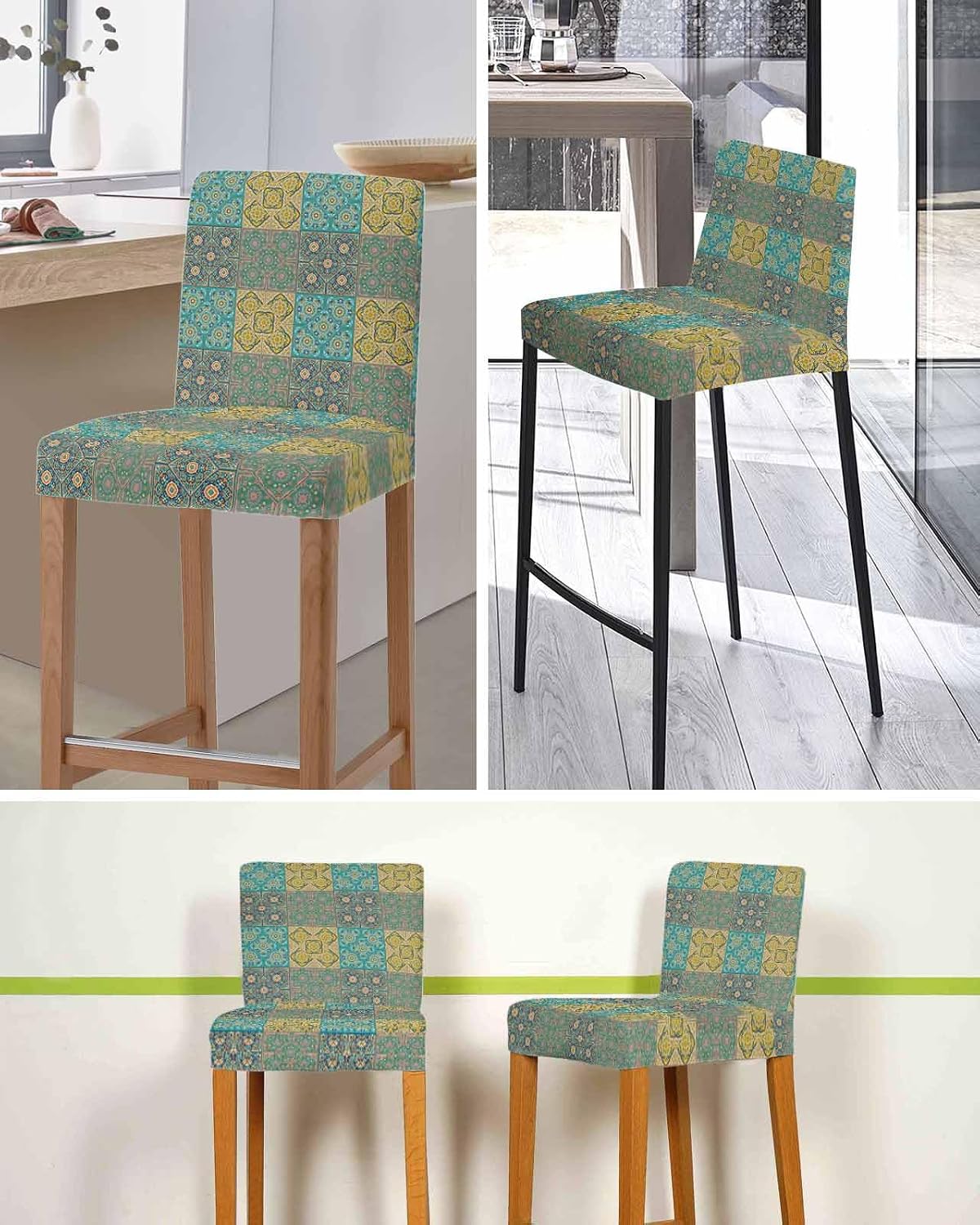 Bar Stool Covers Teal Yellow Geometric Floral Bar Chair Cover Set of 4 Stretch Elastic Chair Covers Retro Bohemian Counter Height Chair Slipcovers Protectors for Kitchen Dining Room Pub Cafe