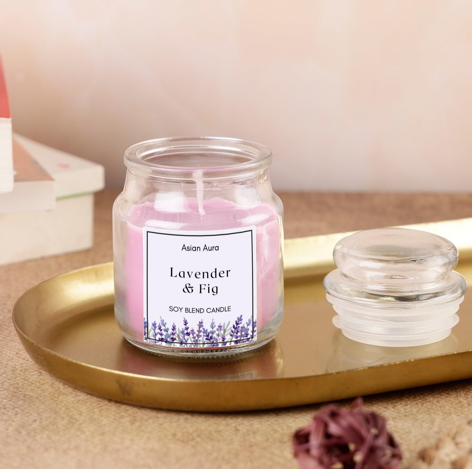 Asian Aura Scented Jar Candle -Fragranced 70g Wax, Smoke-Free Aroma Candle for Home Fragrance & Decor| for Gifting Aromatherapy, Spa, Yoga, Meditation, Relaxation, (Pack of 1) (Lavender & Fig)