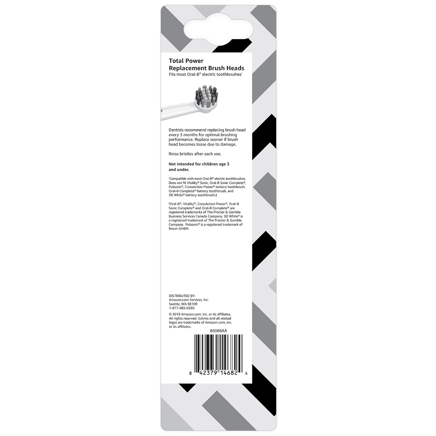 Amazon Brand - Solimo Total Power Replacement Brush Heads, 3 Count (Fits Most Oral-B Electric Toothbrushes)