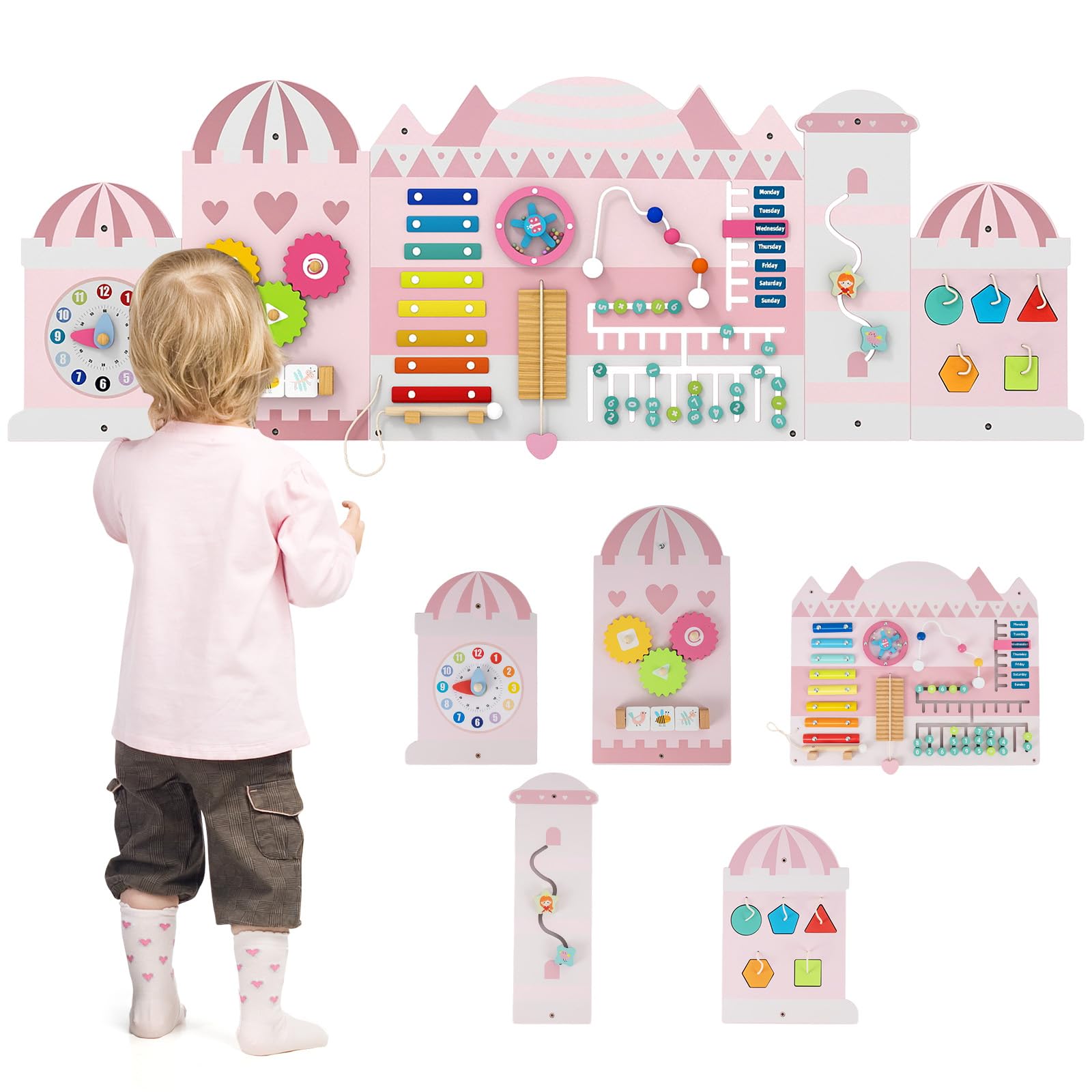 GYMAX 11-in-1 Wall Busy Board Panels, Wooden Sensory Board, Educational Learning Activity Center Interactive Teaching Kit for Playroom Nursery Preschool