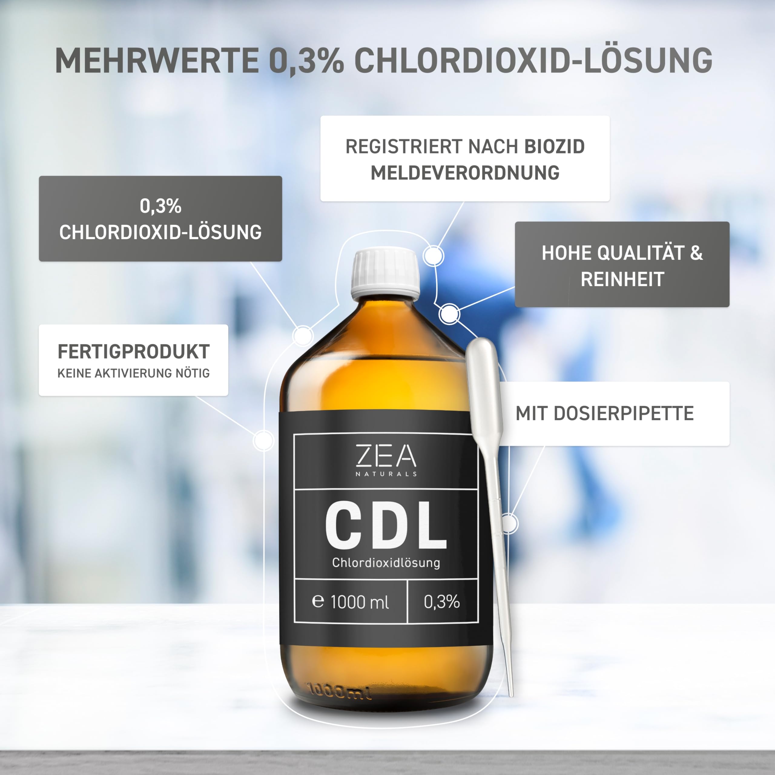CDL 0,3% (1000 ml) - Chlordioxidlösung 0,3 - Braunglasflasche + HDPE Pipette - Reg-Nr. N-116788 - Chlordioxid, CDs, Cdl Tropfen, CDs Lösung 0 3 1000ml