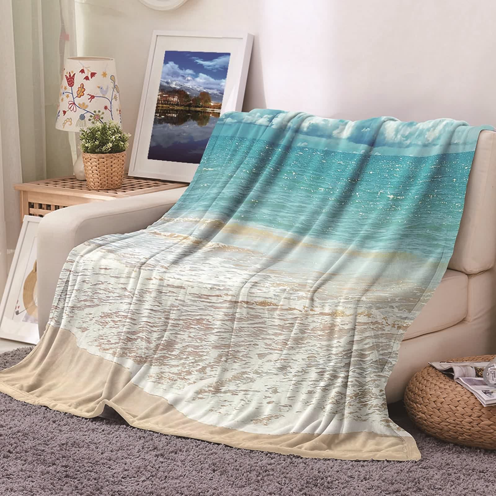 Plaid pour Canapé et Chambre KnSam Couverture Polaire Flannel Plage Bleu Beige 100x150