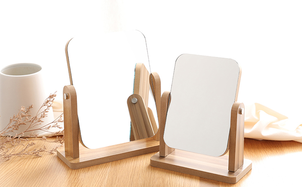 Espejo de mesa ajustable portátil de madera rectangular miniatura 7