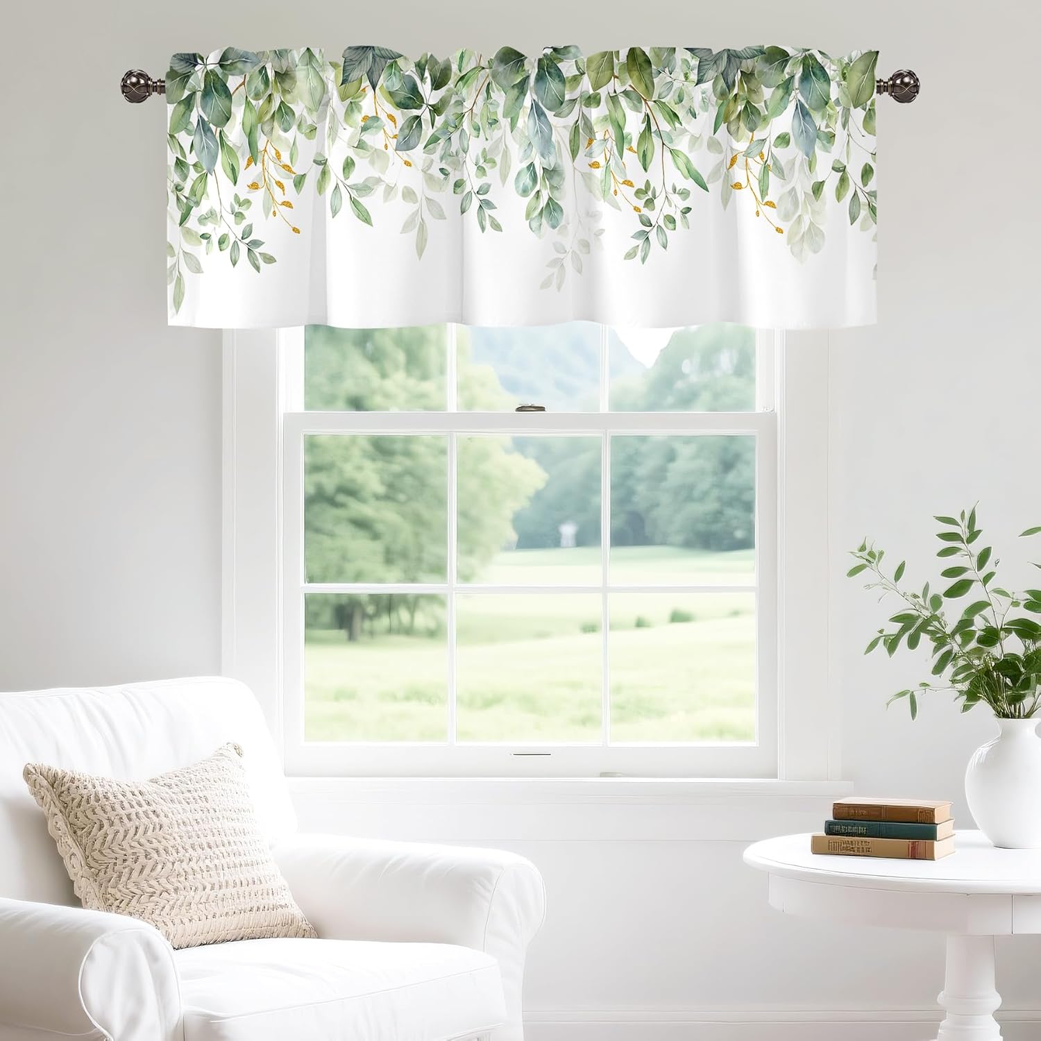 Green Eucalyptus Leaves Valance for Windows,Window Treatment Curtains Rod Pocket Sheer Small Short Valance for Kitchen Bathroom Laundry Basement,54Wx18L inch,Boho Watercolor