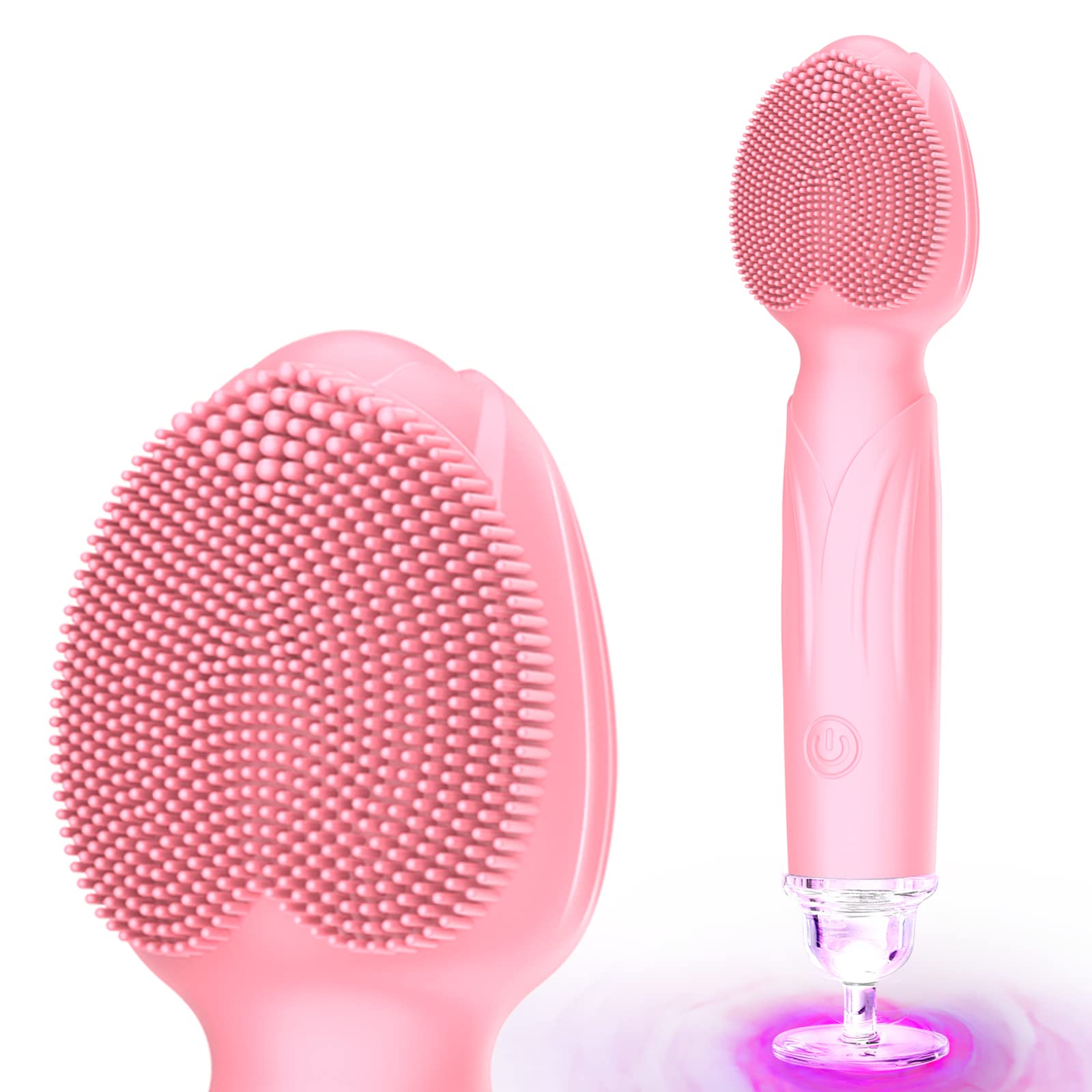 Sonic Facial Cleansing Brush, Face Scrubber Cleanser Brush, Waterproof Face Massager, Rechargeable Face Brushes for Cleansing & Exfoliating Electric Silicone Face Scrubber - Pink
