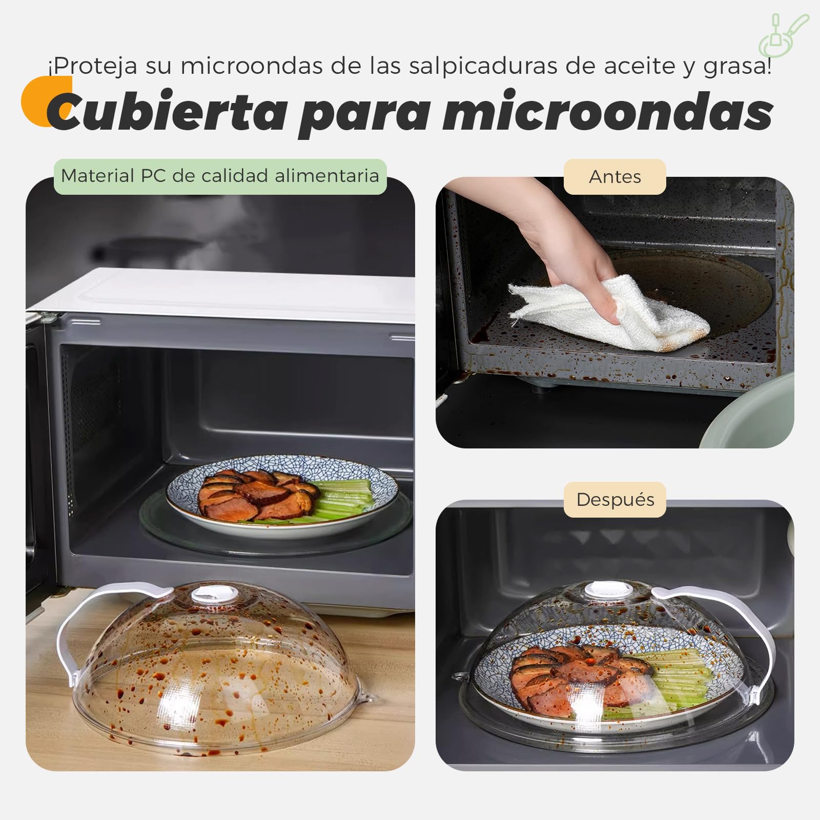 Cubierta para microondas, sin BPA, cubierta para microondas con asa, resistente al calor hasta 200 °C, protección contra salpicaduras para microondas, fácil limpieza