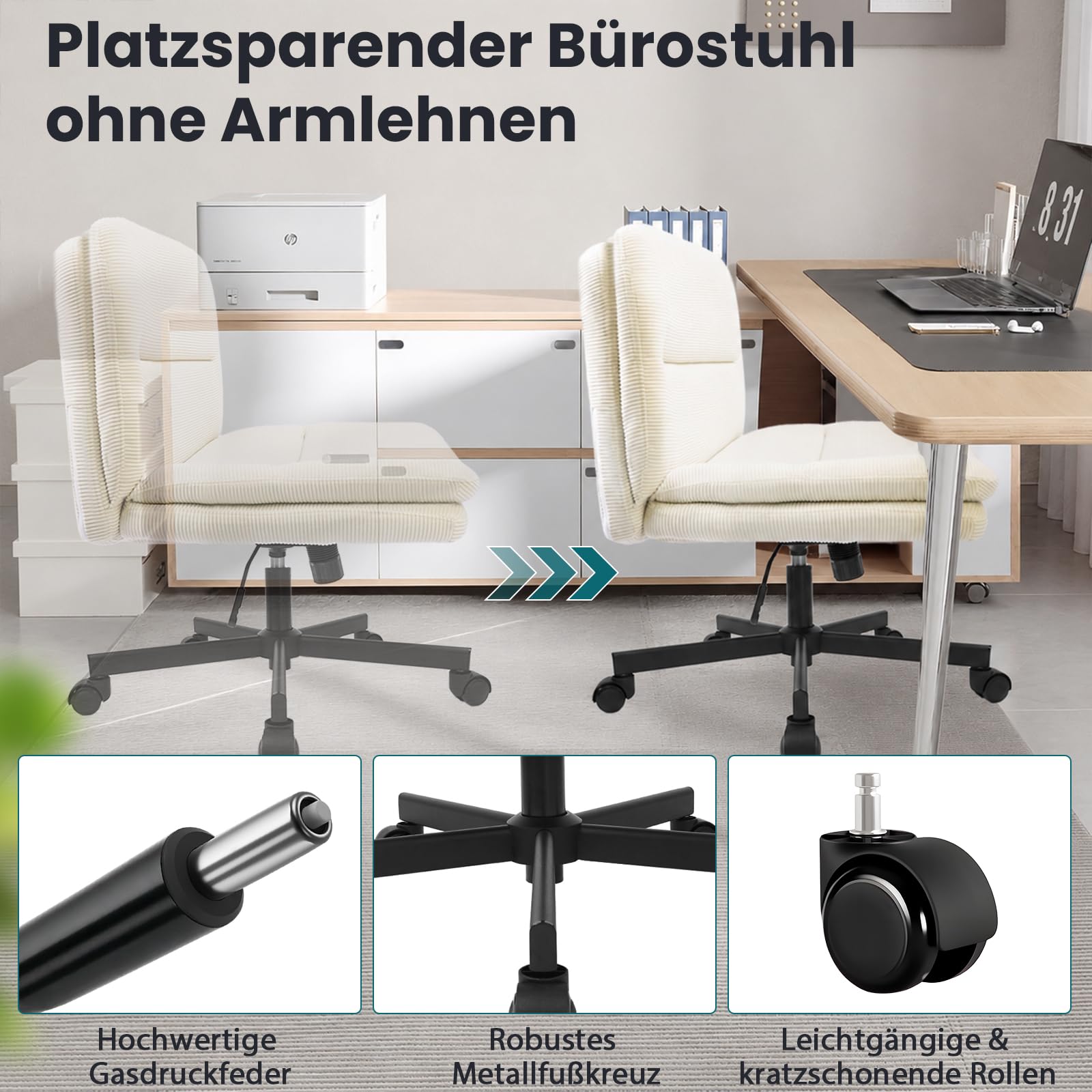 Bürostuhl ohne Armlehnen, Schneidersitz-Stuhl mit breiter Sitzfläche, Schreibtischstuhl mit Cordbezug, höhenverstellbarer Drehstuhl mit Wippfunktion, für Homeoffice, bis 136 kg, Creme