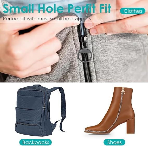 Zipper Pull Replacement Small Hole Zipper Pull Tab Repair for Jacket Shoes Bagpack 2 Sizes (Black/Silver)
