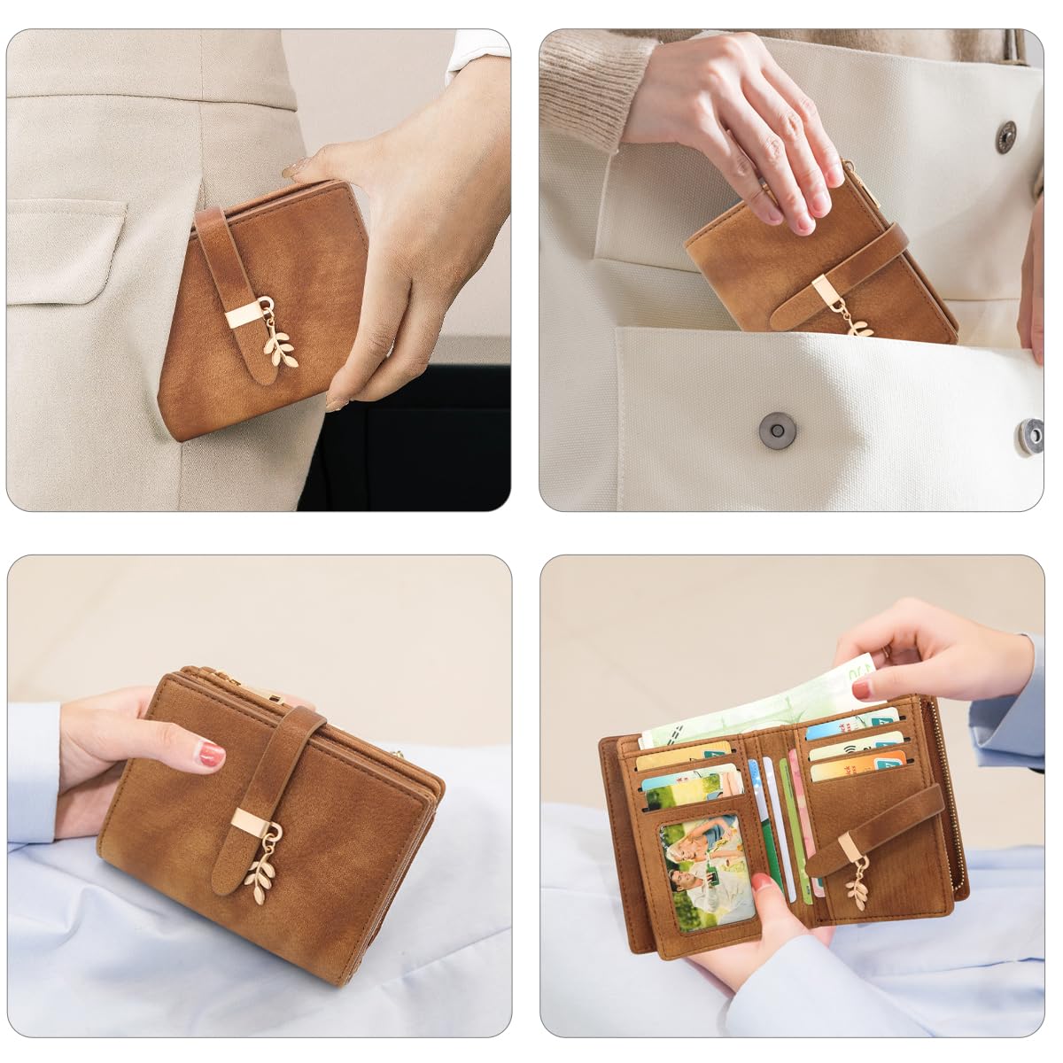 Portefeuille Femme en Cuir PU Petit Porte Monnaie Blocage RFIDFeuilles pour Femme Pochette 17 Emplacements de Cartes et Zippé Porte à Monnaie Porte Feuilles pour Femmes Court (Brun)