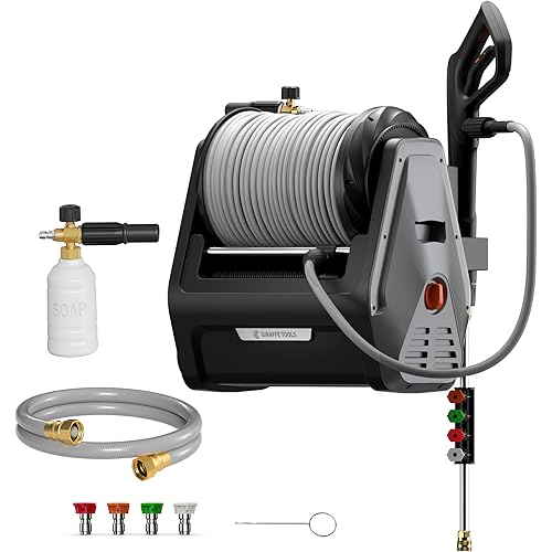 Giraffe Tools Grandfalls Retractable Wall Mount Pressure Washer Plus, Max 2900PSI 2.2 GPM, Electric Power Washer with 100ft Pressure Hose for Car/Patios, Automatic Rewind, Dark Silver