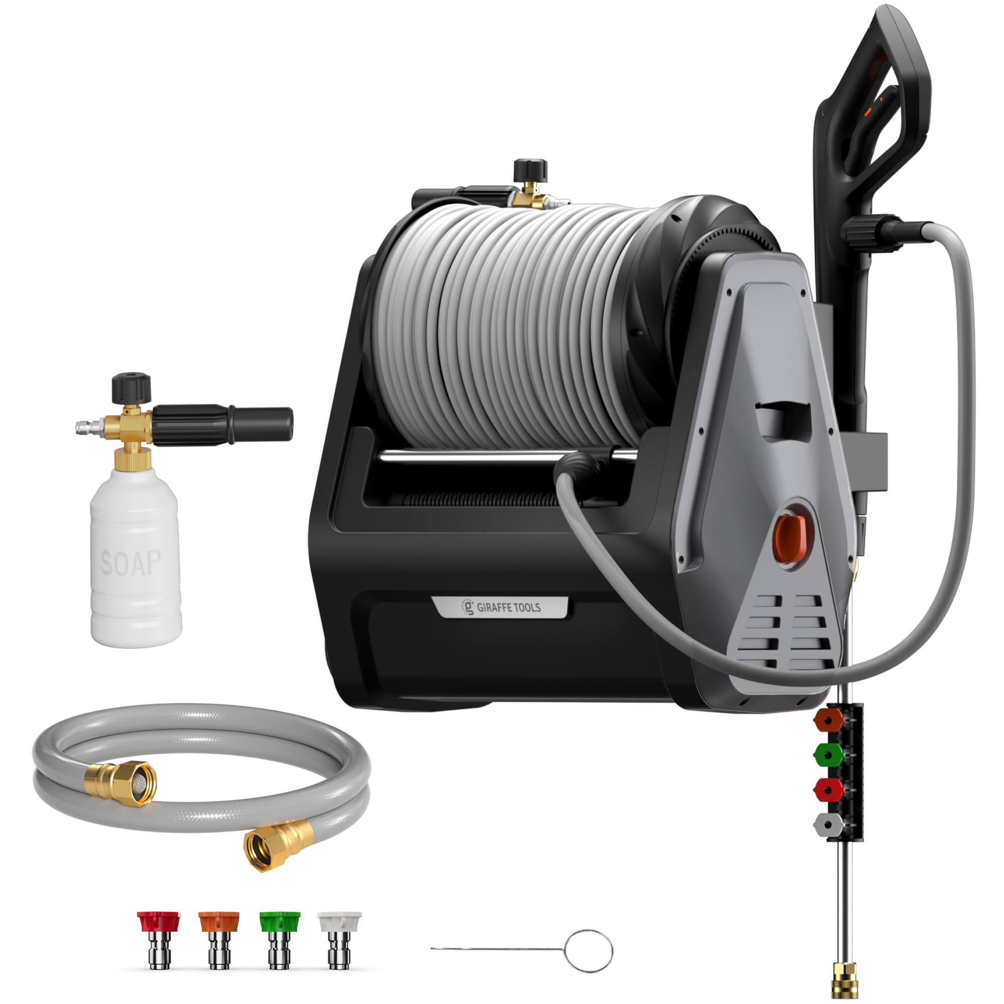 Giraffe Tools Grandfalls Wall Mounted Pressure Washer Plus+, Max 2900PSI, 2.2GPM, Electric Power Washer with 100FT Replaceable Hoses, 4 Nozzle and Detergent Tank, Cars, Fences, Patio, Dark Silver