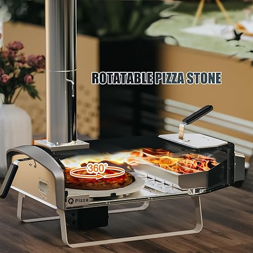Miniatura 4 de Q Pizza Horno de pizza de leña con piedra giratoria, horno portátil de leña/carbón para pizza con chimenea y puerta, estufa de pizza al aire libre