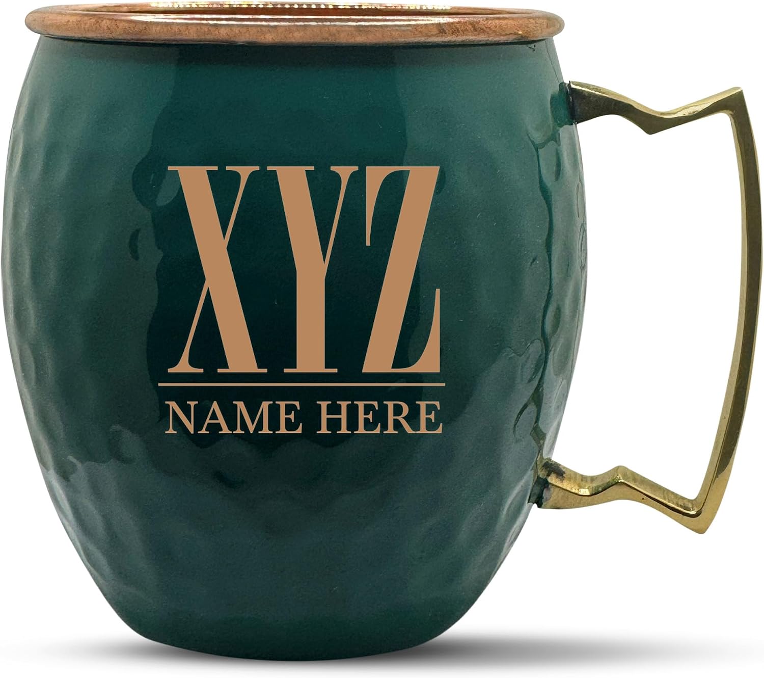 Custom Copper Moscow Mule with Hammered Painted Finish - Engraved Bar Style 100% Copper Cup with Personalized Typography 2 Monogram Themed Engraving, Brass Handle | 18 oz, Green