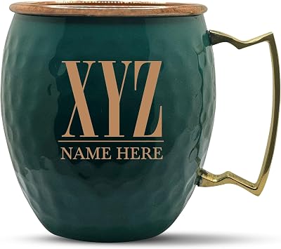 Custom Copper Moscow Mule with Hammered Painted Finish - Engraved Bar Style 100% Copper Cup with Personalized Typography 2 Monogram Themed Engraving, Brass Handle | 18 oz, Green