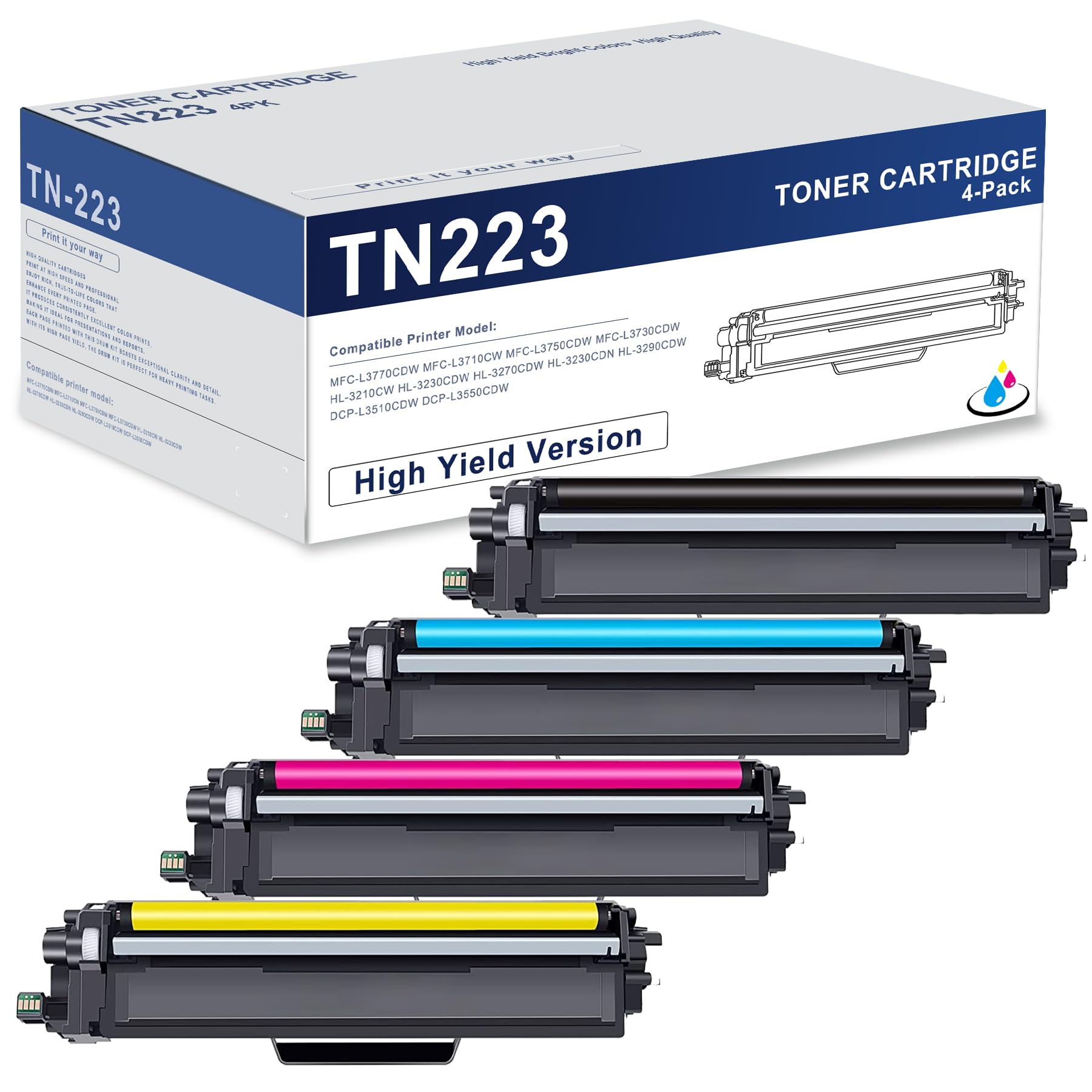 TN-223BK/C/M/Y Toner Cartridges Compatible Brother TN223BK/C/M/Y Replacement for Brother TN223 TN223BK TN223C TN223M TN223Y for MFC-L3770CDW