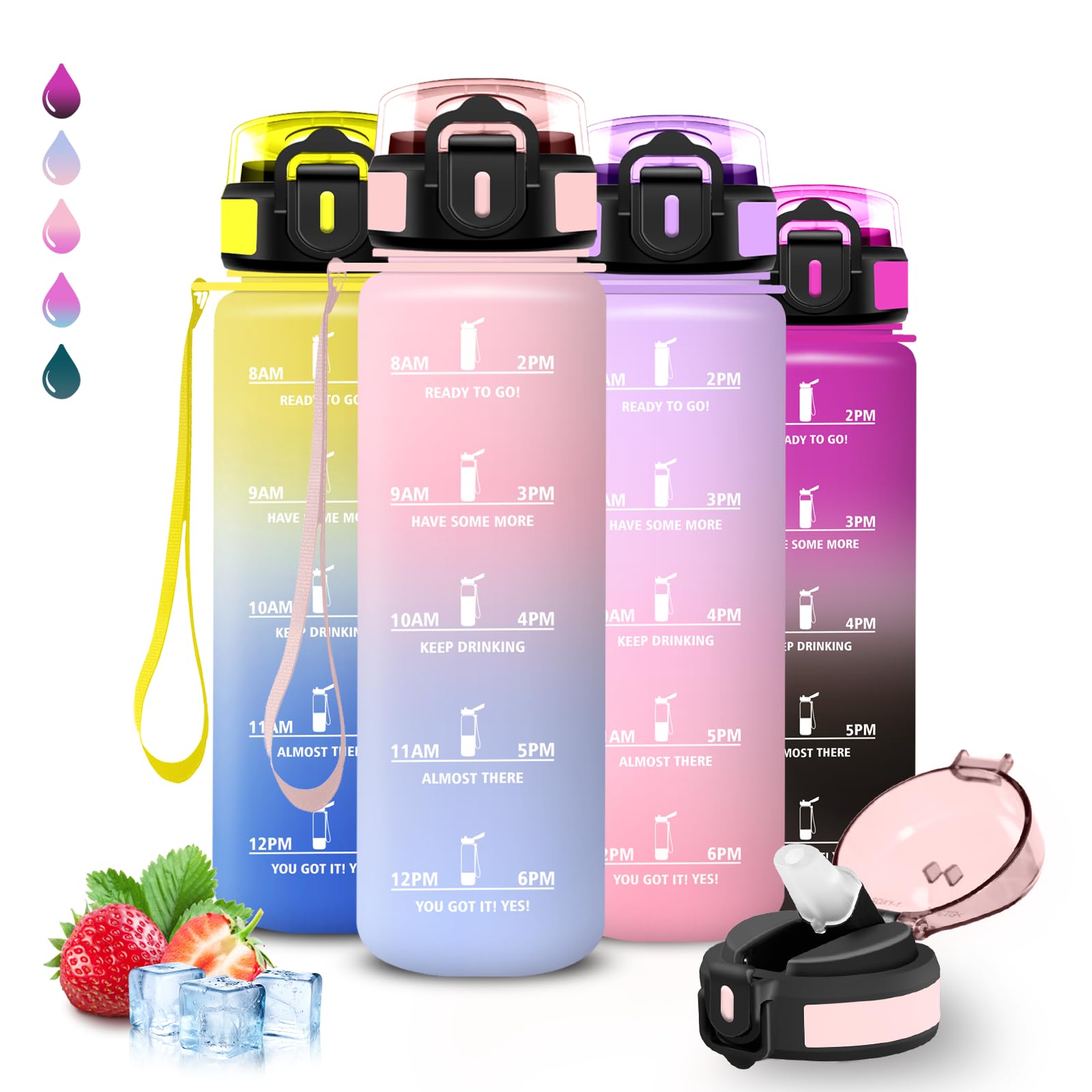 Trinkflasche- 1l- Trinkflasche Sport, Wasserflasche mit Strohhalm, Leicht zu Reinigen, Wasserflasche Auslaufsicher, mit Motivierenden Slogans, Flasche Motivation, Flasche für Wandern, Yoga, Radfahren