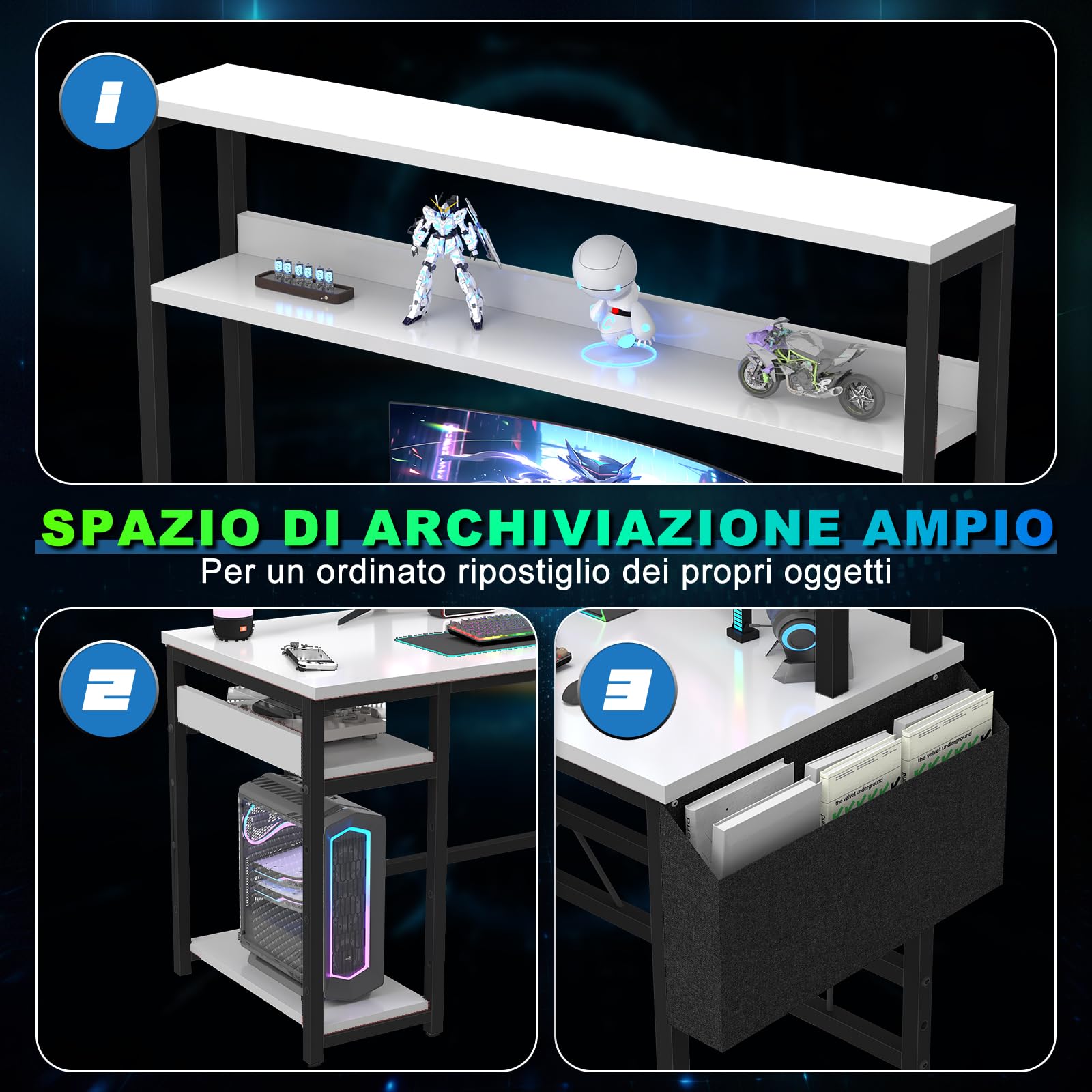 Devoko Scrivania Gaming con LED, 155 x 100 cm Scrivania con Ripiano Reversibile, Scrivania ad L con 2 Prese e 2 Porte USB, Scrivania Gaming con Scomparti e Spazio di Archiviazione, Bianca