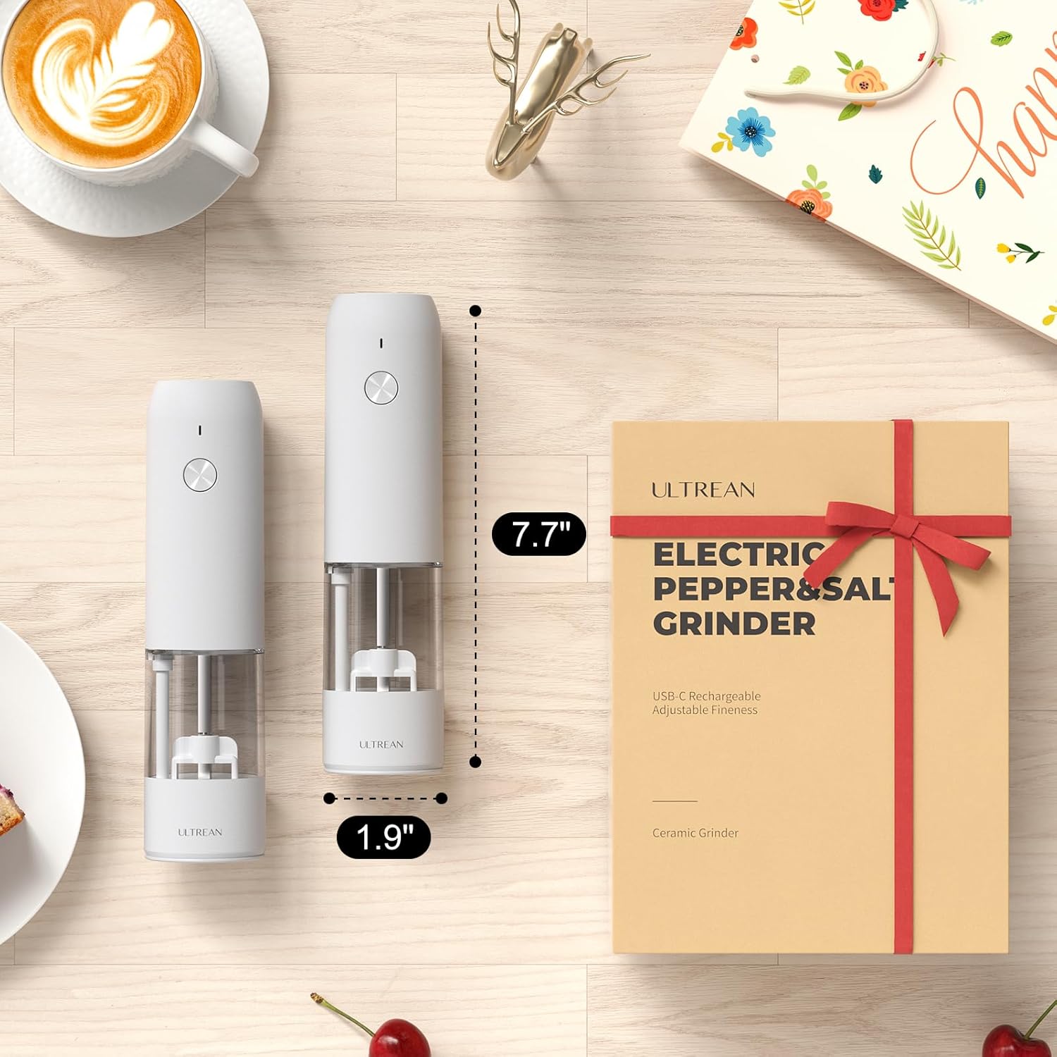 Ultrean Electric Pepper Grinder, Rechargeable Salt and Pepper Grinder with 6 Adjustable Coarseness, LED Light, Automatic Grinder for Kitchen, Valentines Day Gifts for Him Her Mom Dad, White - Image 7