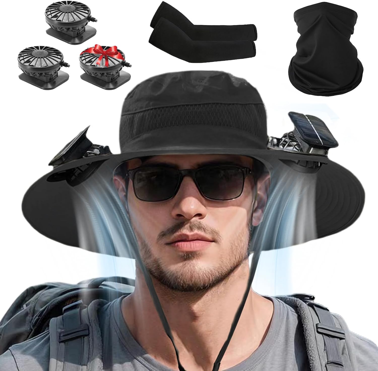 Solar Fan Hat for Men,Wide Brim Sun Hat with 3 Solar Fans,Neck Gaiter and Arm Sleeves,Fishing Hat with Solar Fans Built in,Outdoor Fishing Hiking Gardening Cool Hats Black