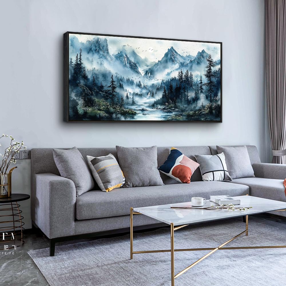 Blue Tree Canvas Wall Art 20x40" | Framed Landscape Painting For Living Room & Bedroom - View #2