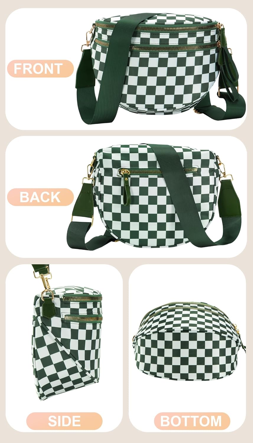 Checkered Crossbody Bag Large Nylon Bum Bags for Women Spacious Belt Bag Sling Handbags Waterproof Purses Fanny Packs - Image 5