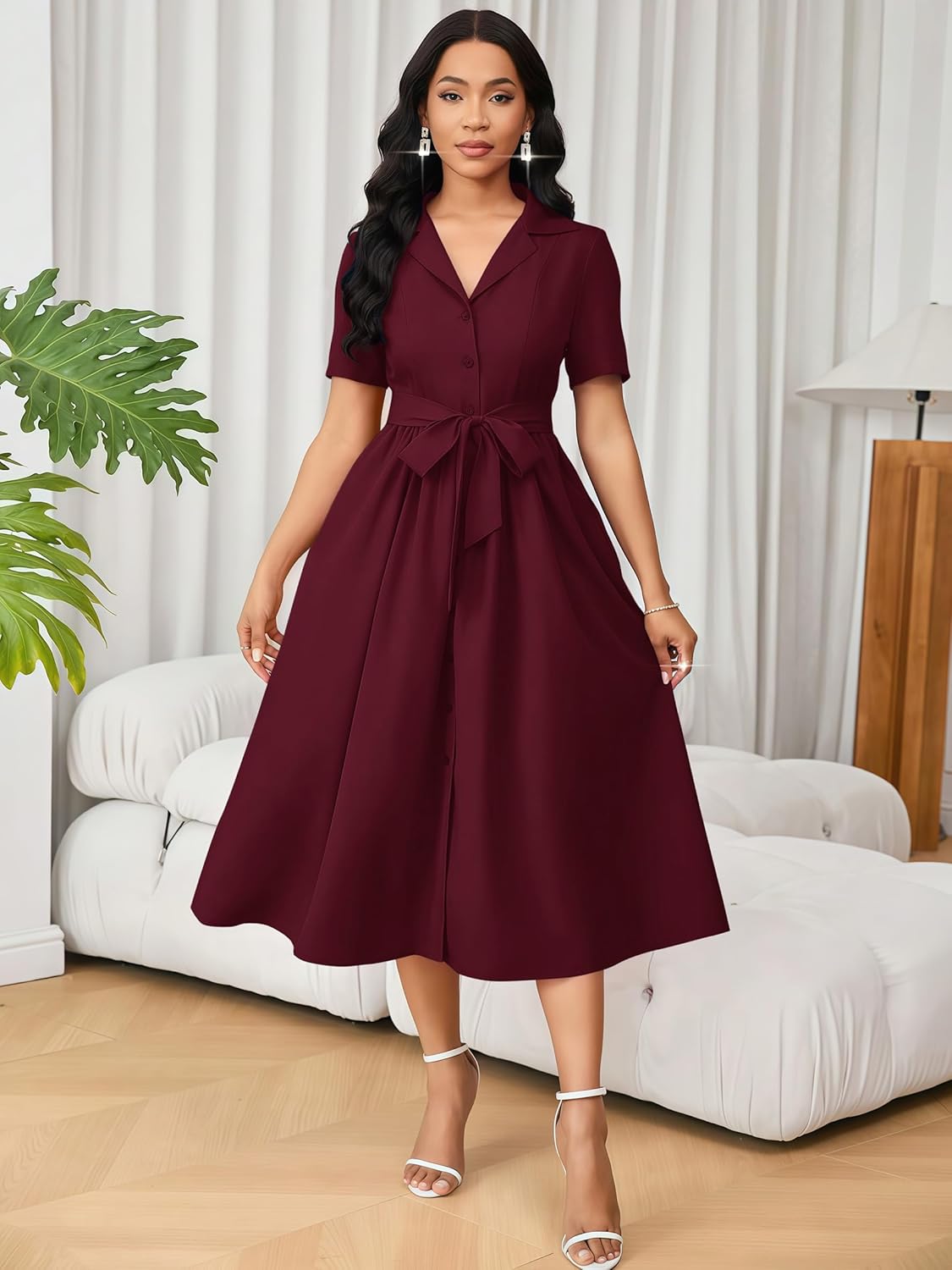 Women's Elegant V-Neck Flowy A-Line Dress Flared Short Sleeves Cinch Waist Cocktail Date Party Midi Dresses - Image 3