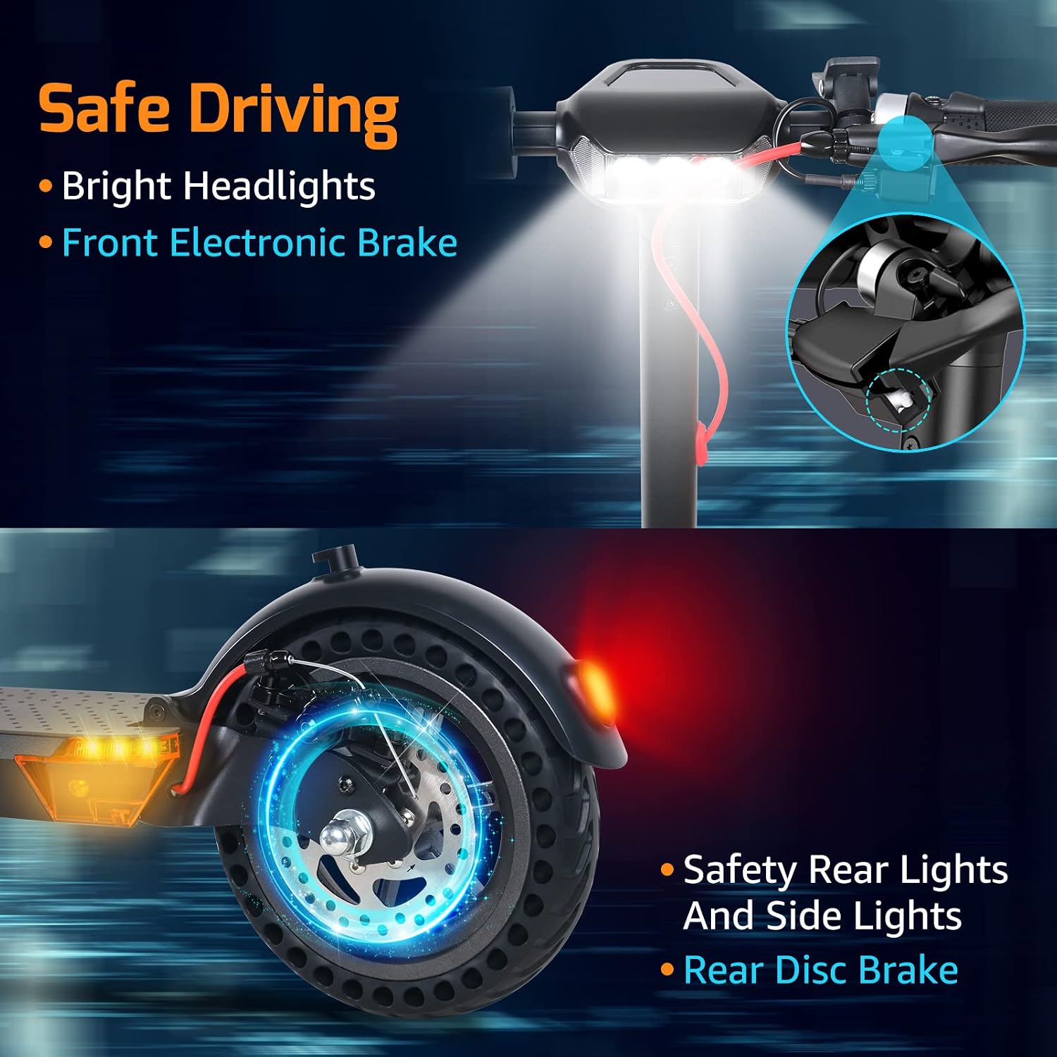 Close-up of the scooter's bright headlight and rear disc brake with taillight