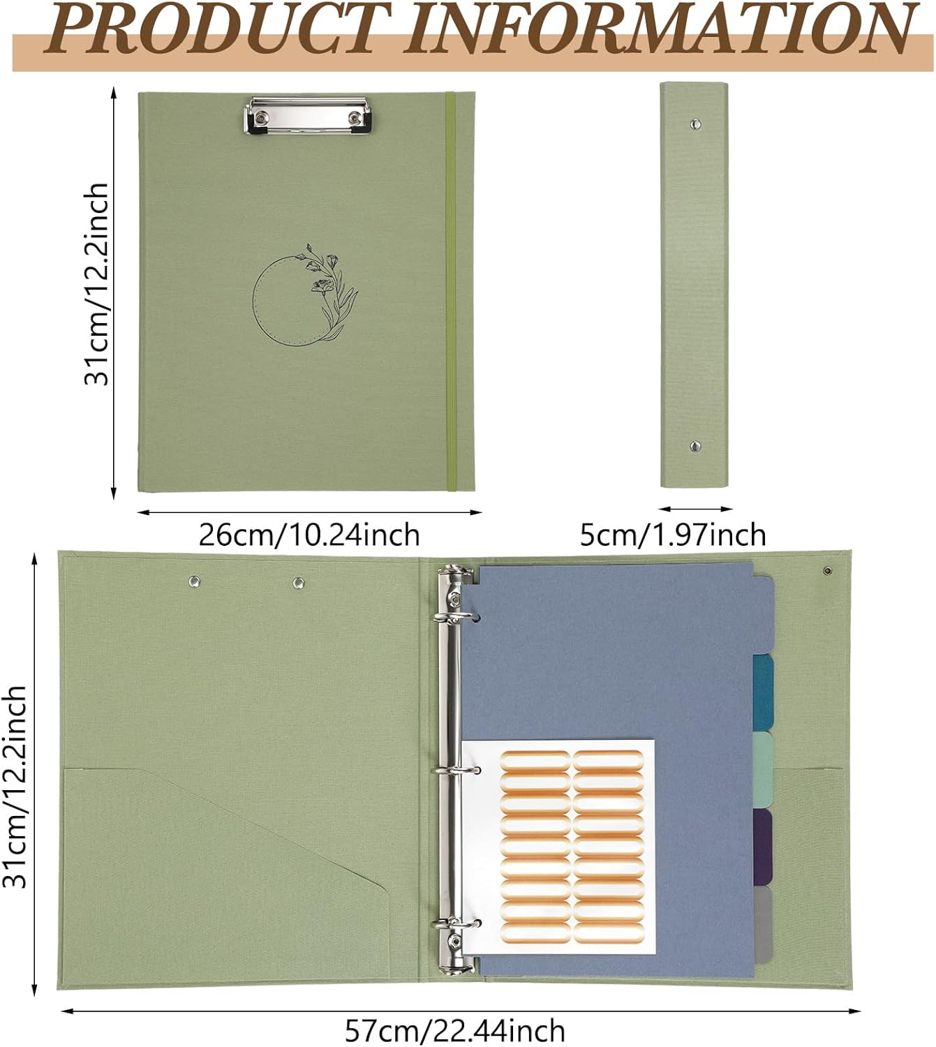 2 Pcs 3 Ring 1 Inch Linen Binder Organizer for 8.5" x 11" Letter Sized Paper Clipboard Binders with Pockets, Tab Dividers, Labels Stickers for School Office Supplies