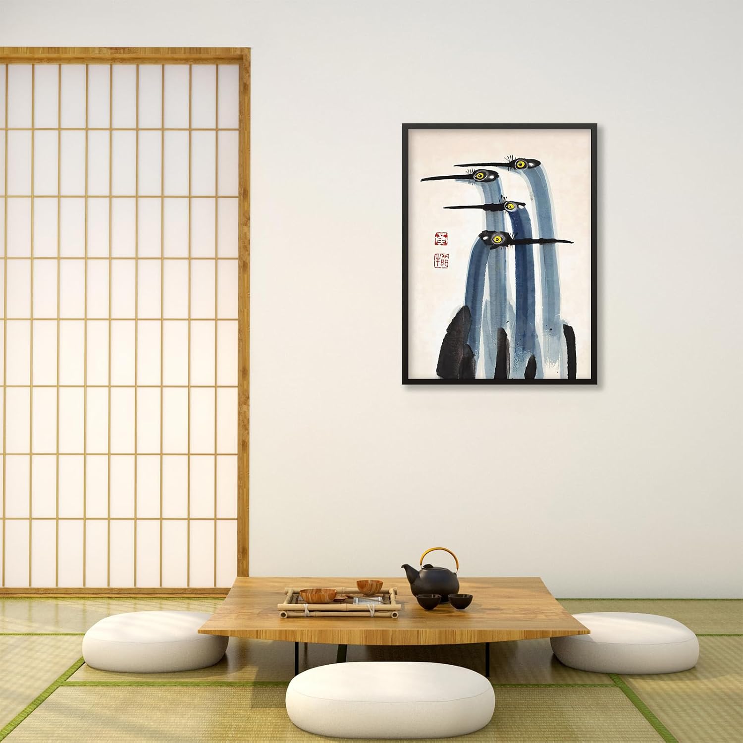 Japanese Vintage Crane Canvas Poster Antique Asian Bird Wall Art Blue Minimalist Animal Watercolor Prints 12x16 inch Black Framed for Country Farmhouse Wall Decor
