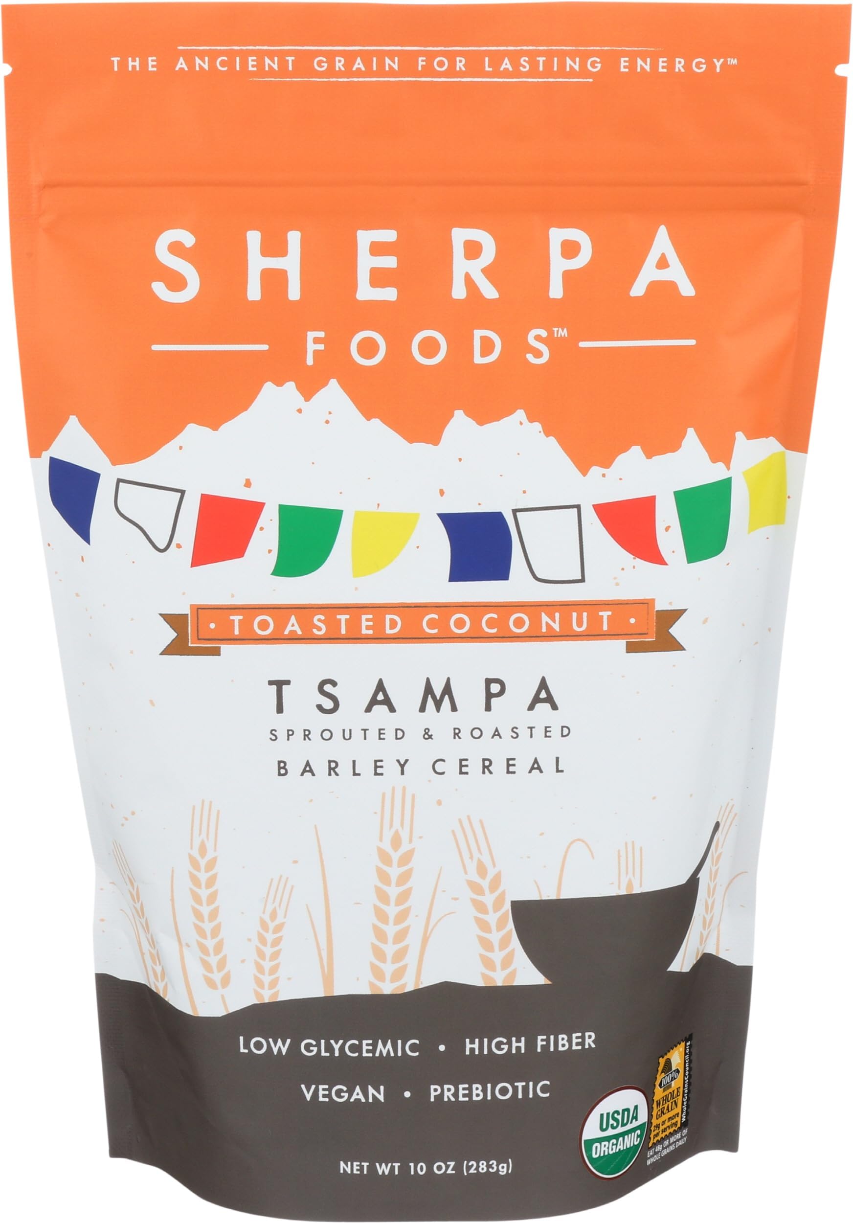 Peak Sherpa Tsampa Cereal, Toasted Coconut Flavor, One 10 Ounce Pouch, Ready to Eat, Certified Organic, Sprouted & Roasted Whole Grain Barley Cereal