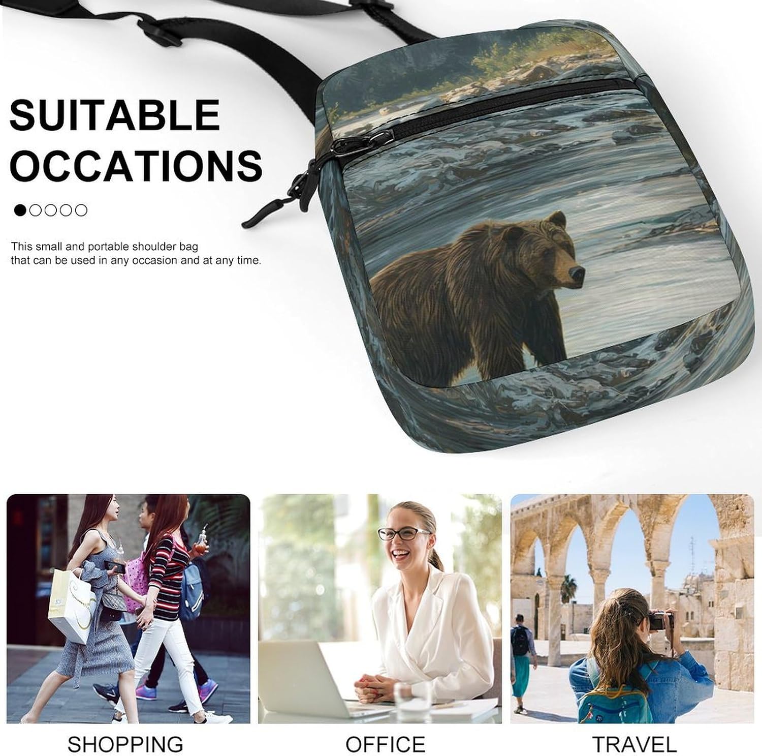Bears Morning In Mountains Small Crossbody Bag Sling Shoulder Satchel | for women men,work travel workout,detachable and adjustable shoulder strap