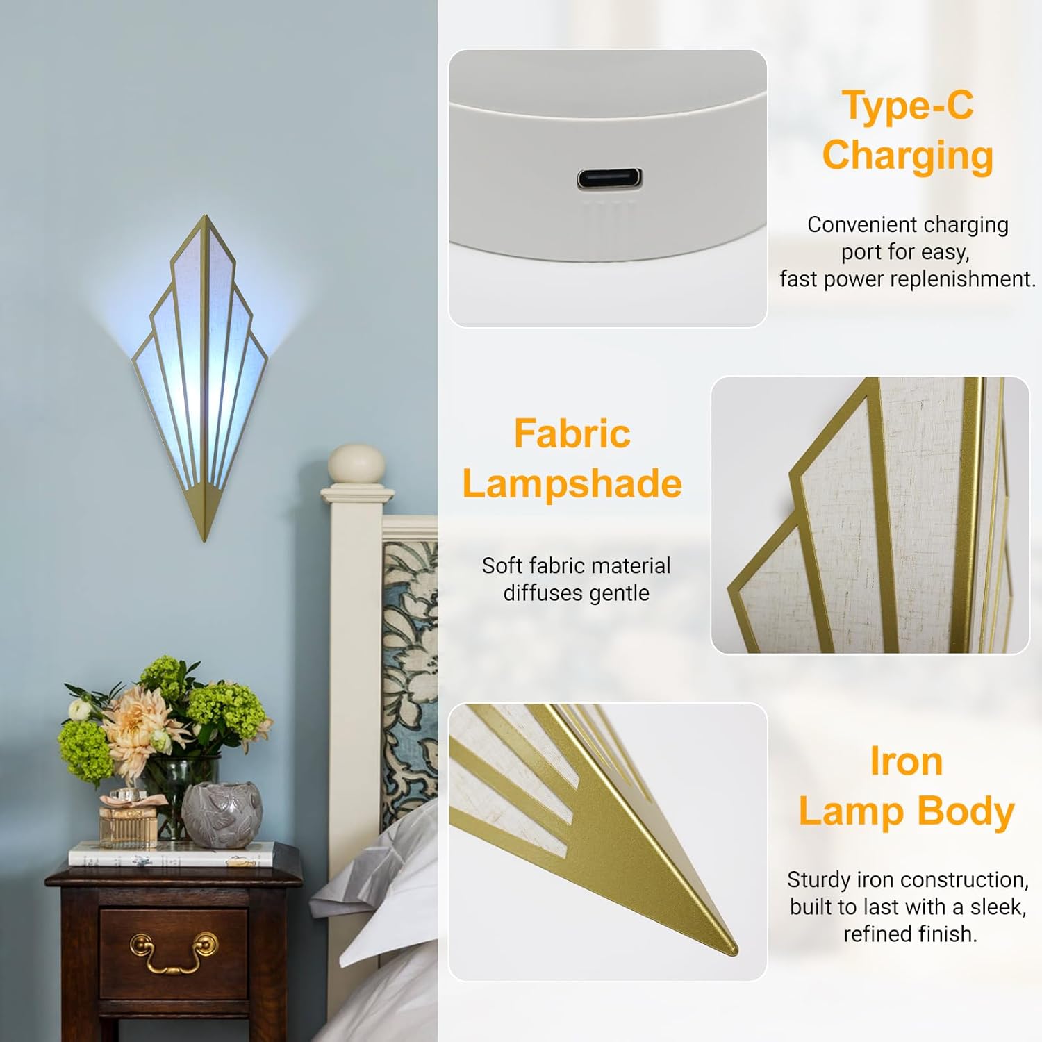 Modern Battery Operated Wall Sconces Set of Two, Simple Creative Wall Lamp Art Deco Lighting Fixture with Remote Control, RGB Dimmable Led Wall Light for Bedside Bedroom Living Room (Gold)